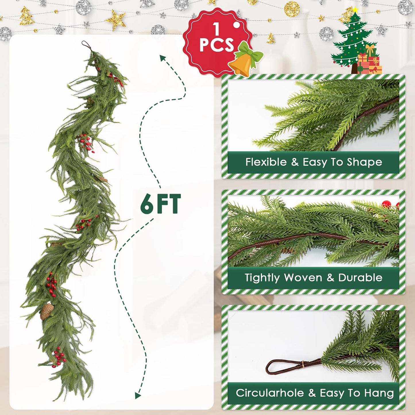 6FT Norfolk Pine Garland Christmas Artificial Greenery with Red Berries Cones, Pine Tree Decor for Mantel Fireplace Stair Rail Doorway Table, Indoor Outdoor Winter Christmas Decorations