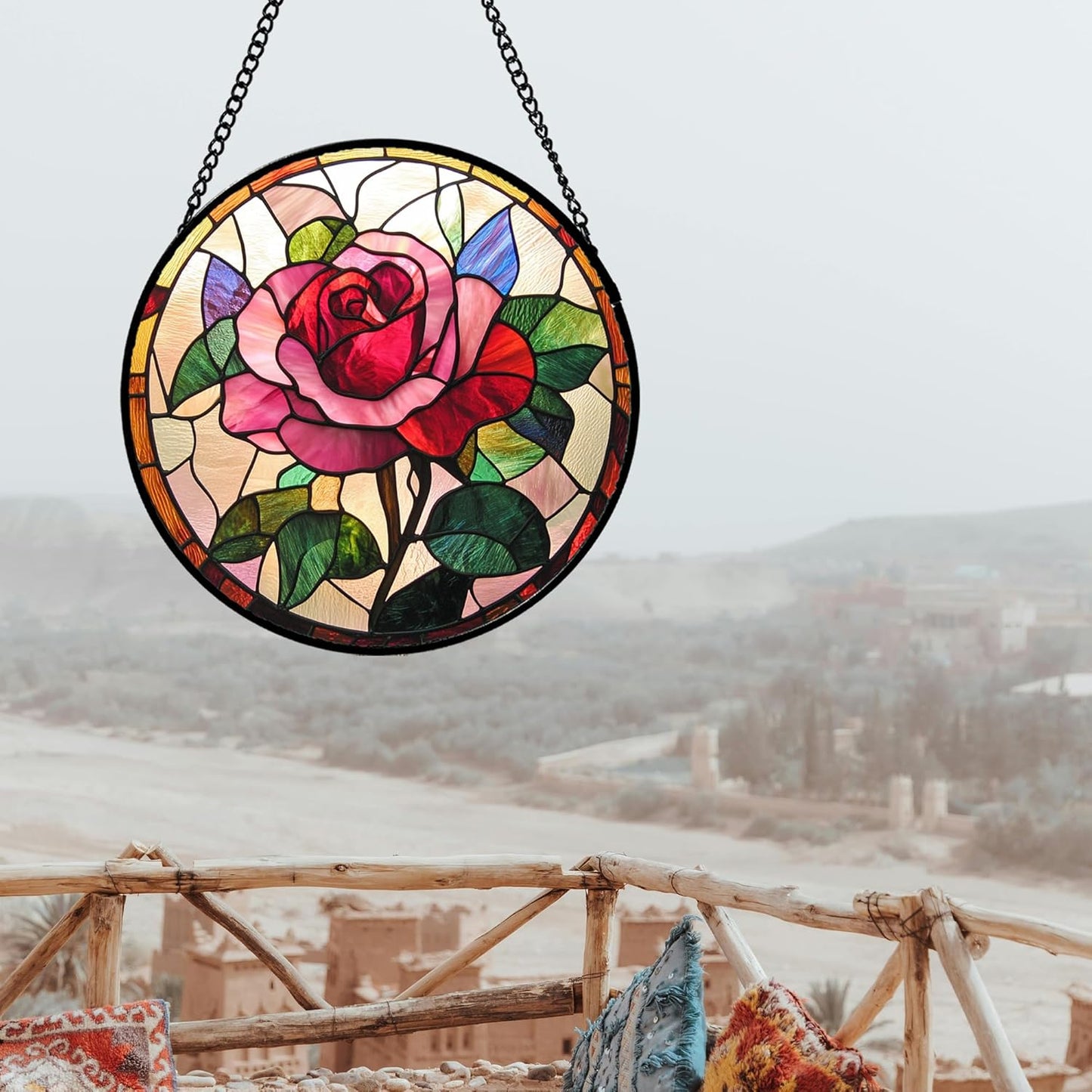 Stained Glass Window Hanging - Pink Rose Suncatcher for Door Garden Home Decor Birth Flower Sun Catcher Christmas Birthday for Friend Lovers Women Mom Nana 7.8 in