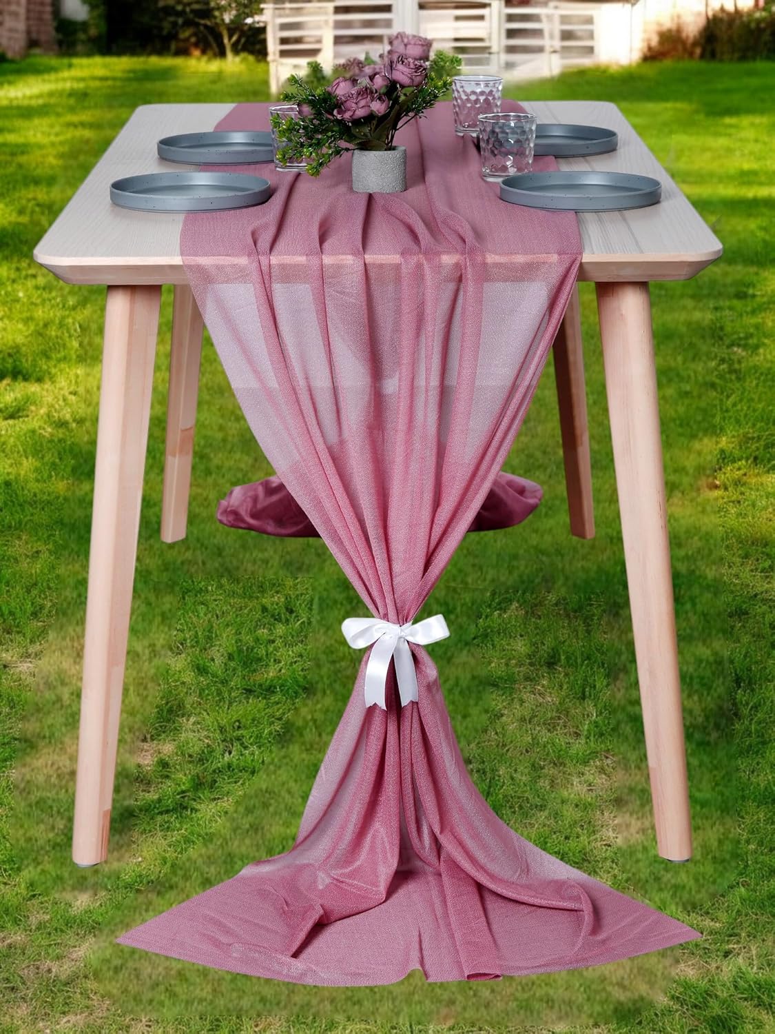 MDS 5 Pack 10ft Chiffon Table Runner 29 x 120 Inches Sheer Wedding Runner Romantic Rustic Table Runner for Wedding Decorations, Birthday Parties, Bridal Shower Party Arch Decor - mauva