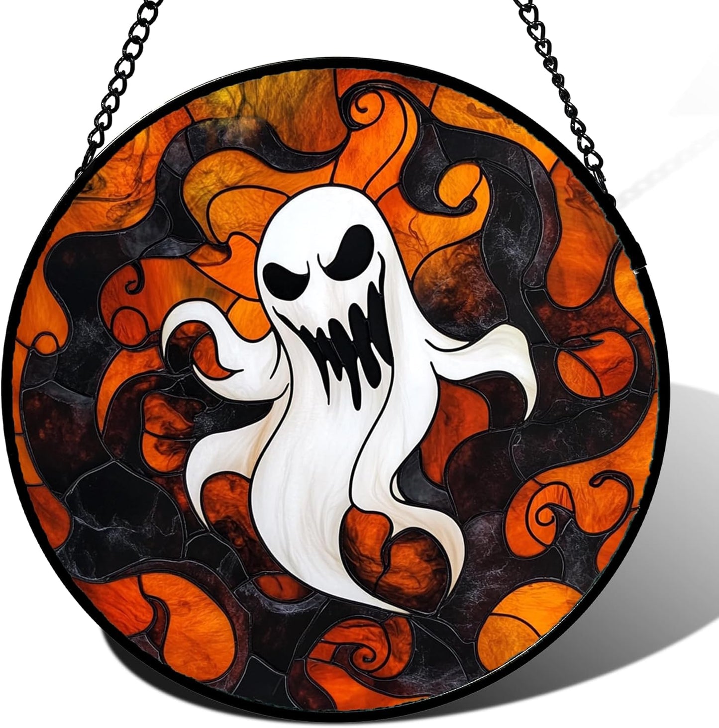 Stained Glass Window Hanging - Halloween White Ghost Suncatcher for Doors Window Garden Indoor Spooky Funny Orange Sun Catchers Gothic Decor Horror Gifts for Women Men Friend 7.8 in