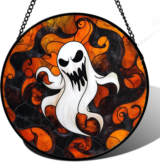 Stained Glass Window Hanging - Halloween White Ghost Suncatcher for Doors Window Garden Indoor Spooky Funny Orange Sun Catchers Gothic Decor Horror Gifts for Women Men Friend 11.8 in