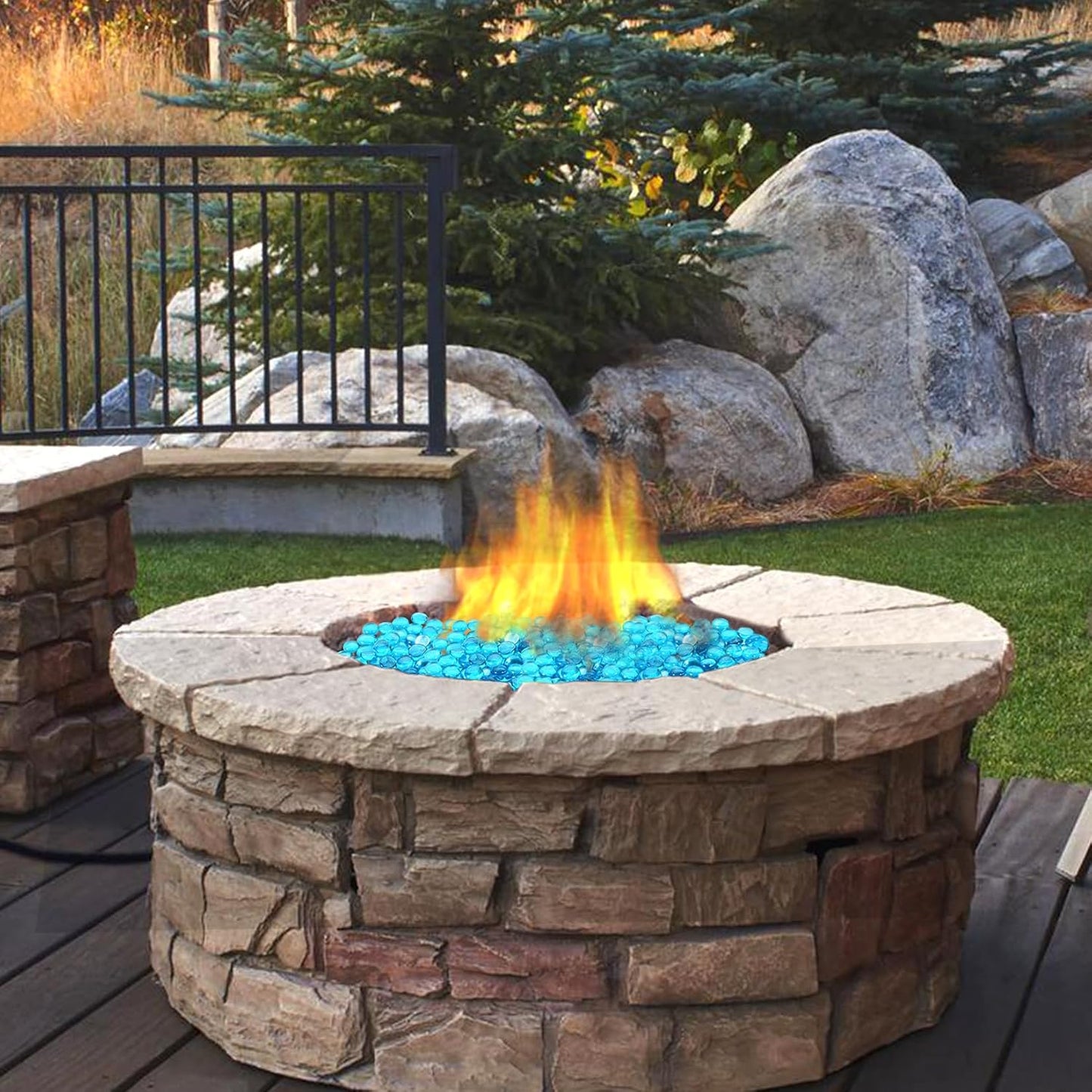 Fire Glass for Propane Fire Pit, Fireplace and Outdoor Decorative. Caribbean Blue Round Firepit Rocks 20 Pounds, 3/4 Inch High Luster Glass Beads