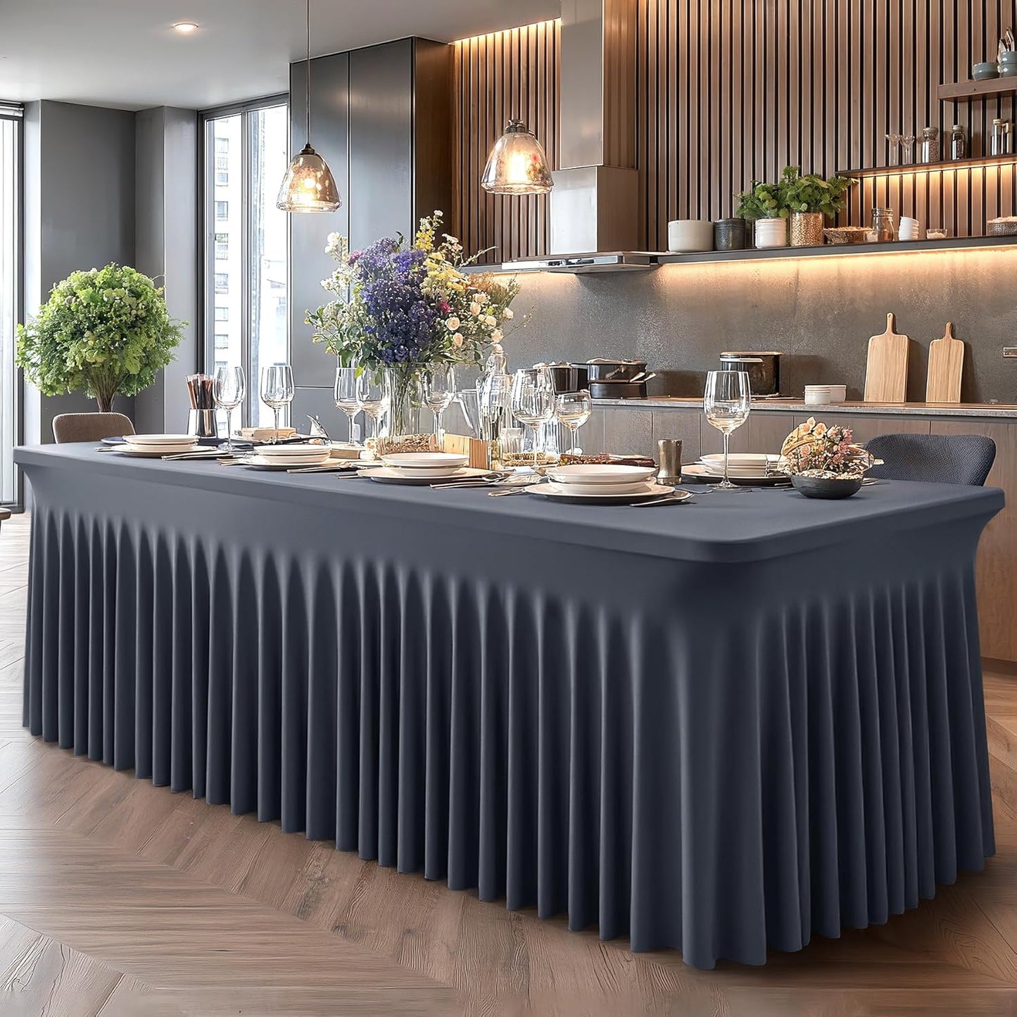 Wish Care 2 Pack Gray Spandex Table Clothes for 6 Foot Rectangle Tables, 6FT Wrinkle Free Fitted Tablecloths Ruffles Design Table Cover for Party, Banquet, Wedding and Events