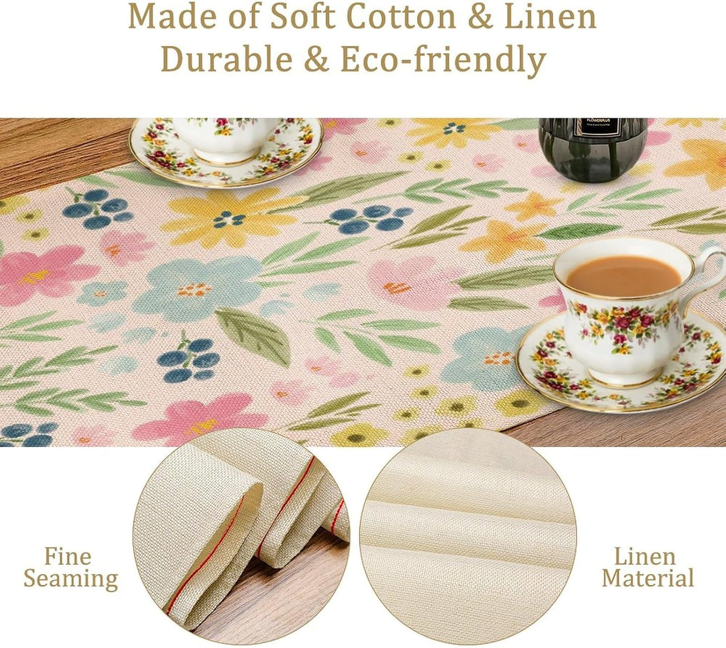 Floral Table Runner, Boho Style Watercolor Flower Green Leaf Plant Rectangle Table Decoration for Dining, Party, Holiday,13in（33cm） W * 108in（274cm） L