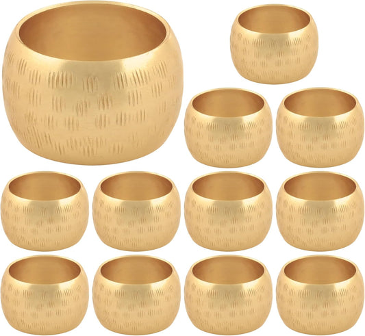 Napkin Rings Set of 12, Metal Napkin Holder Cuffs for Dinner Table Décor, Round Textured Farmhouse Modern Serviette Rings for Christmas, Weddings, Receptions, Daily Use, Gold - ALPHA Living HOME