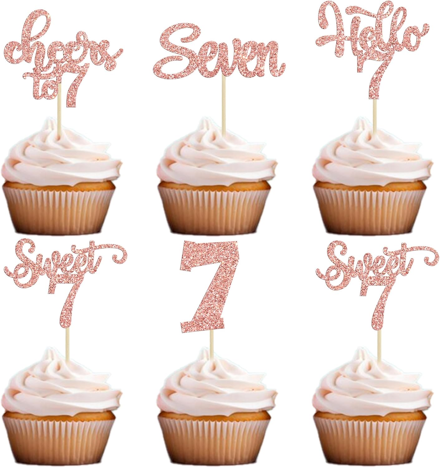 30Pcs 7th Birthday Cupcake Toppers Glitter Seven Happy 7 Cupcake Picks Cheers to 7 Years Old Cake Decorations for 7th Birthday Party Supplies Rose Gold