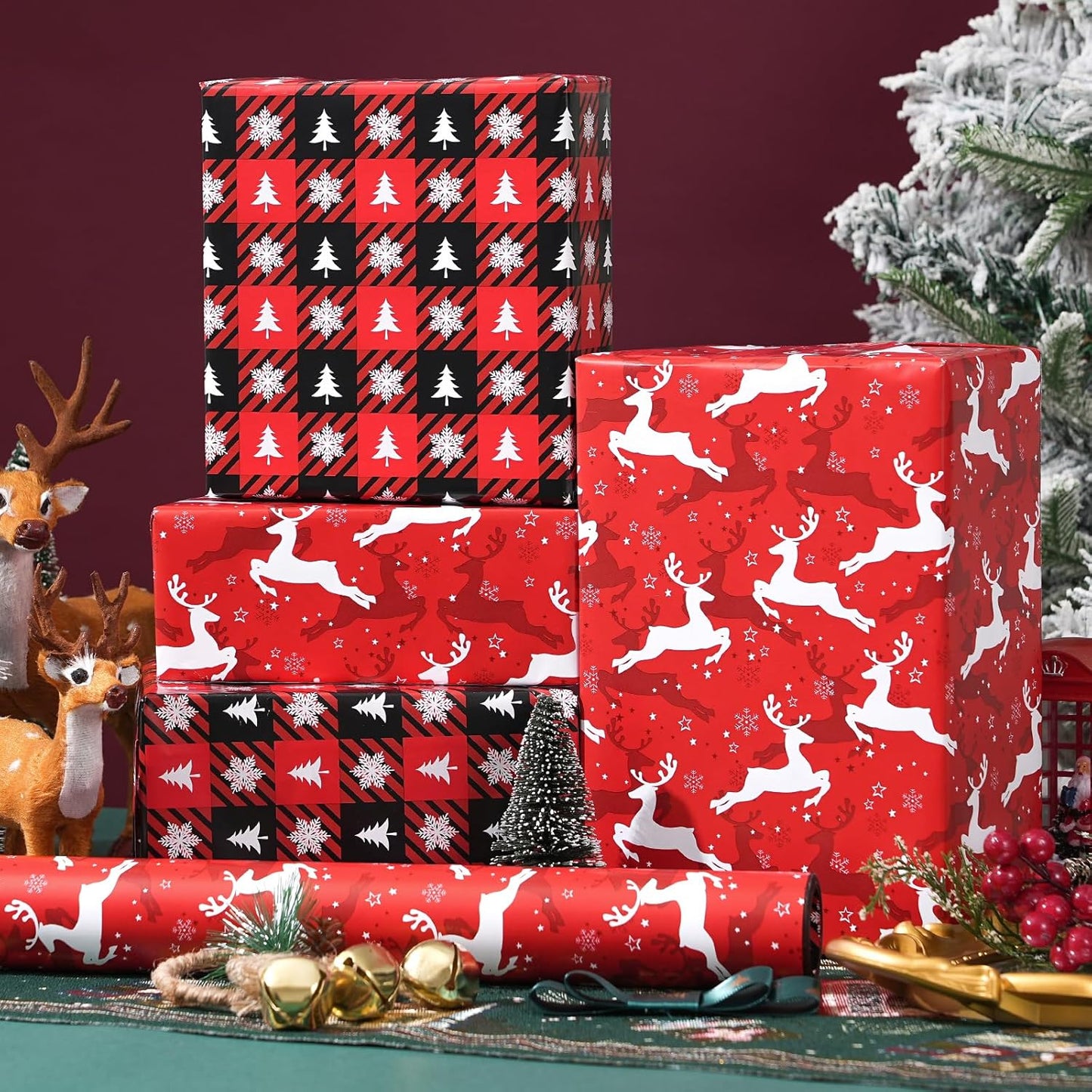 Ulmasinn Reversible Christmas Wrapping Paper Roll - 17" x33ft Double-Sided Designs with Red Nordic Reindeer & Geometric Snowflake, Xmas Gift Wrap for Presents, Table Decor & Crafting