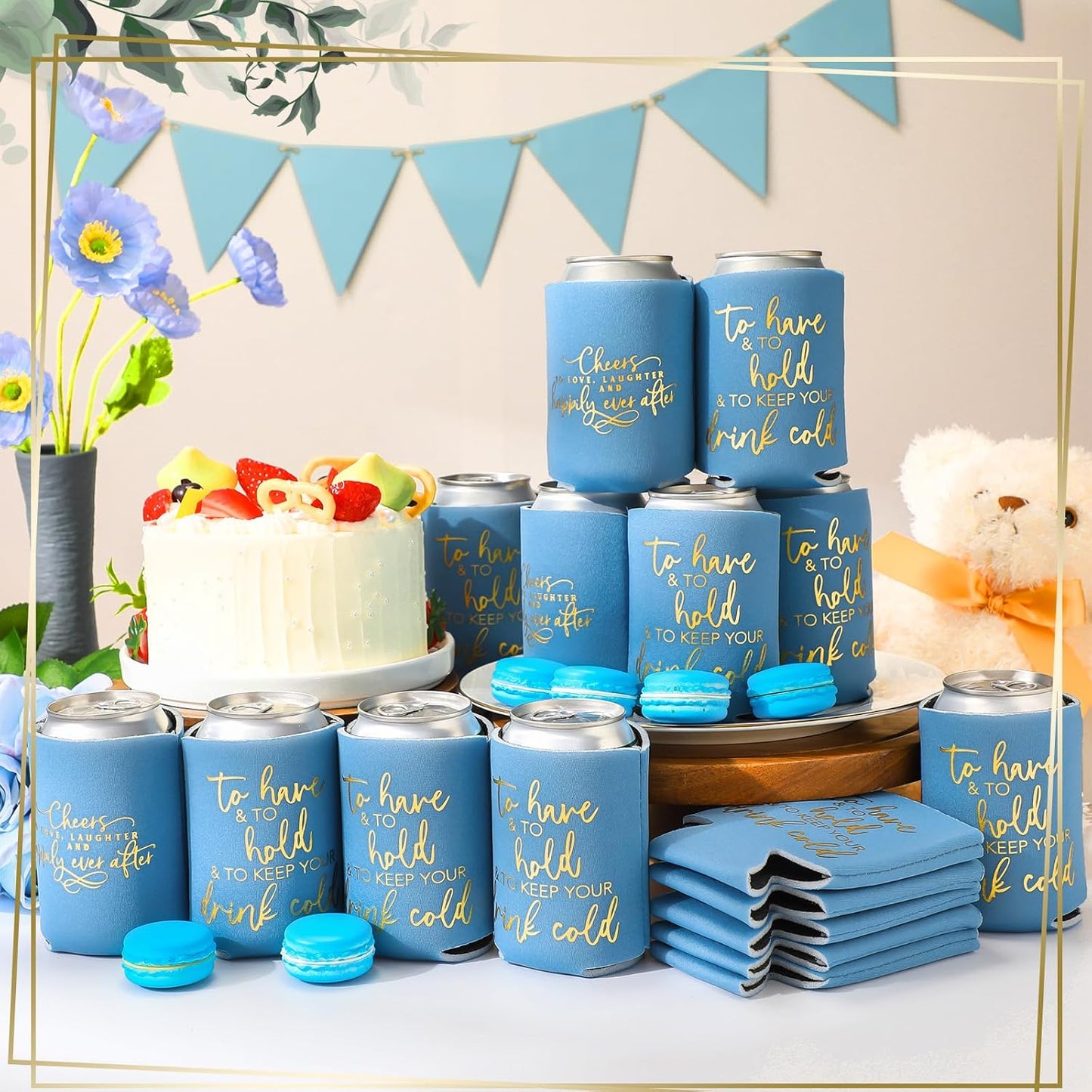 50 Pieces Wedding Can Cooler Bulk Engagement Party Favors for Guests Cheers to Love Laughter and Happily Ever After Rehearsal Dinner Decorations for Wedding Bridal(Haze Blue,Cute)