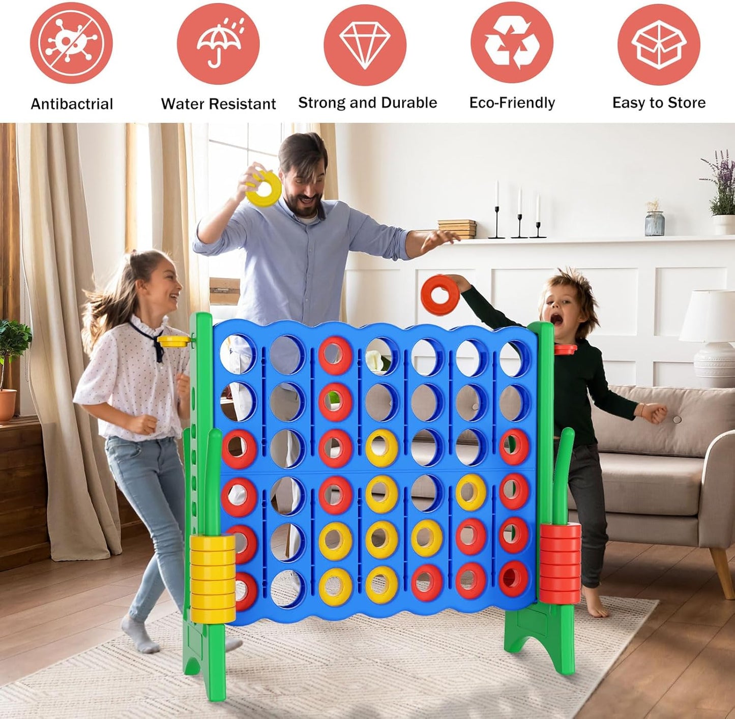 Jumbo 4 in a Row Game Set,4FT Giant Game Set with Carry Bag&44 Pieces Rings&Cup Holder,Indoor/Outdoor Yard Game for Kids & Adults-Fun Family&Party Game-Boosts Brain Power (Blue&Green)