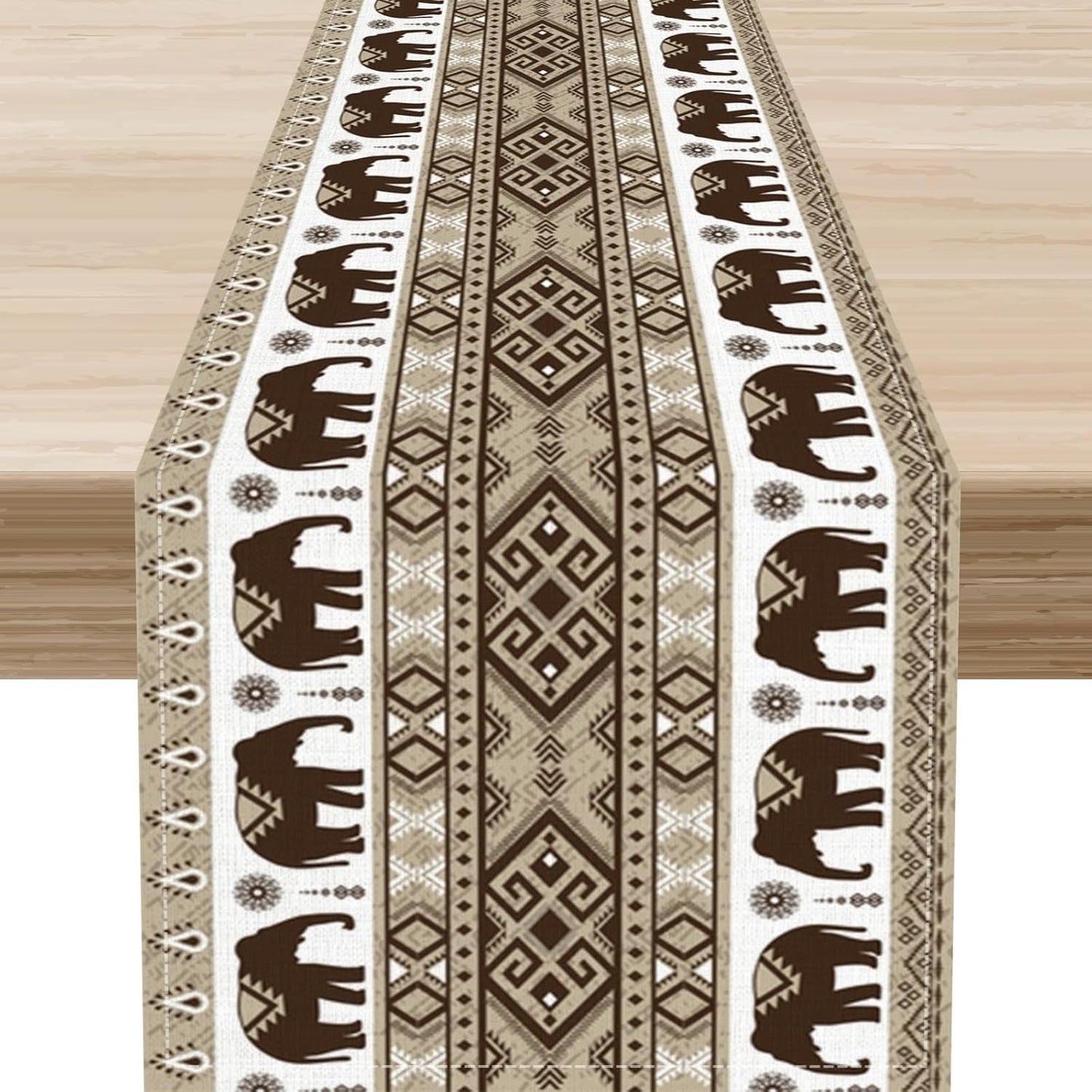 Ethnic Table Runner, Rustic Farmhouse Boho Indian Bohemian Elephant Aztec Tribal Print Beige Table Center Decor for Home Kitchen Dining Patio Holiday Party Indoor Table Decorations, 13"x108" Inch