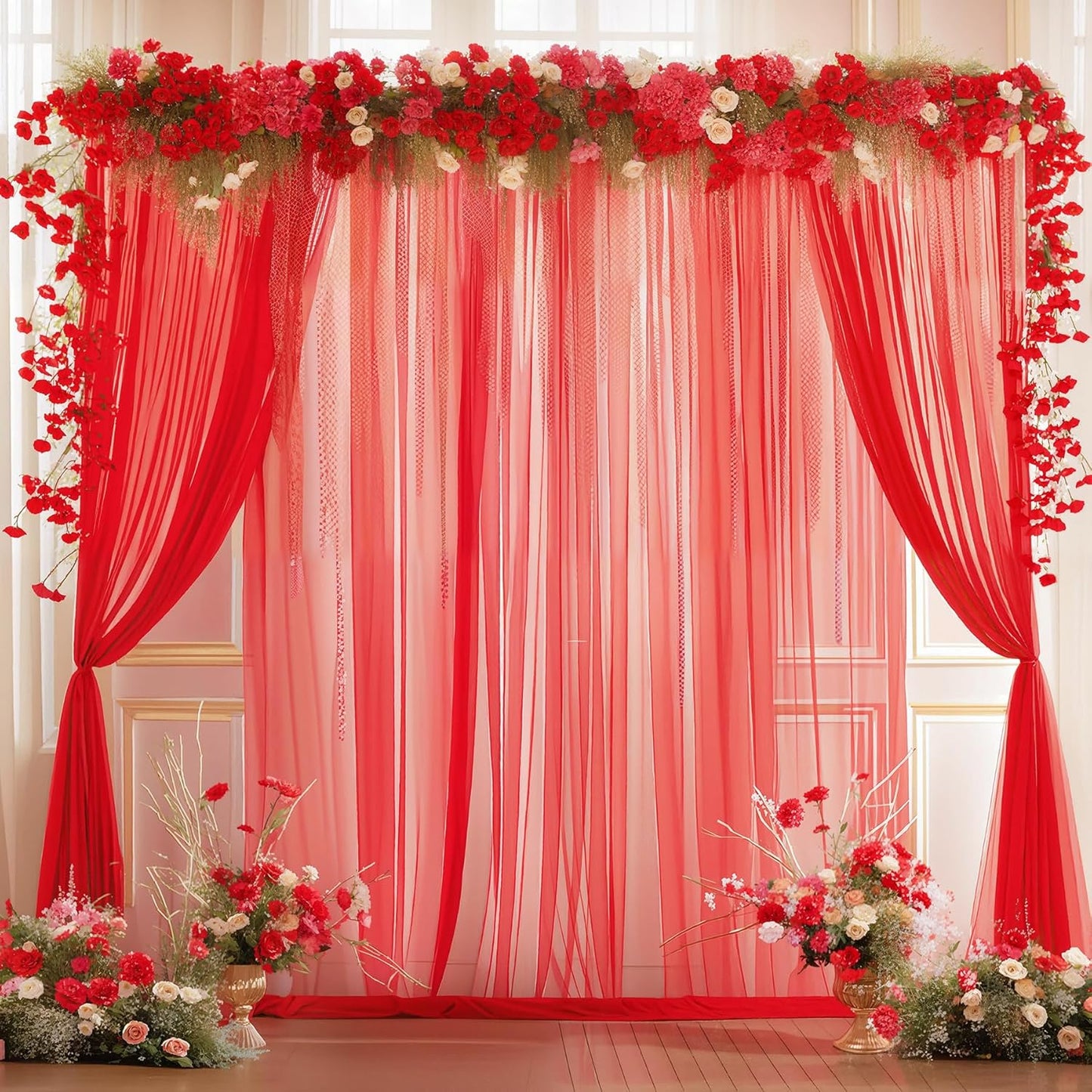 20ft X 10ft Red Tulle Backdrop Curtain for Parites, Sheer Backdrop Curtains Fabric Drapes for Wedding Ceremony Arch Party Stage Decorations