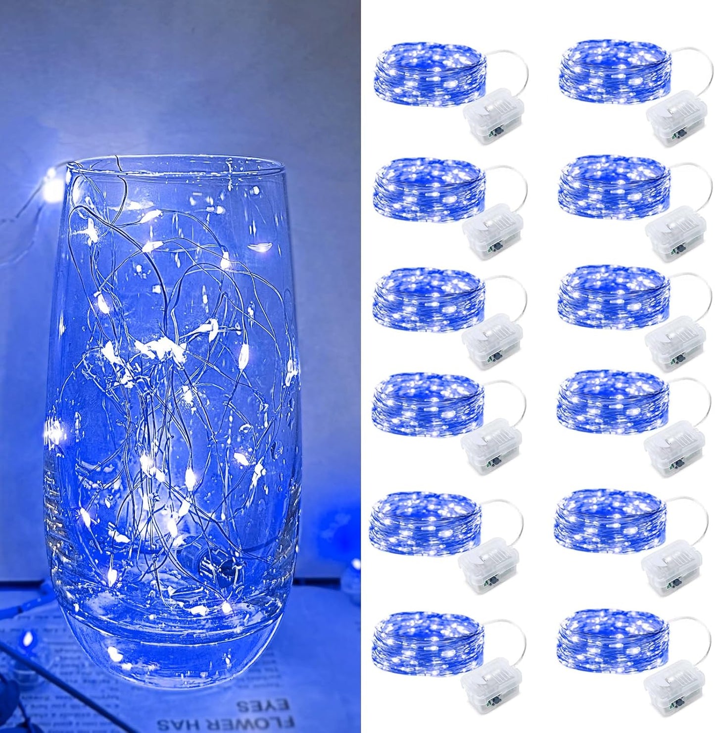Blue Led Fairy Lights Battery Operated, 12 Pack LED Mini String Lights, 7FT 20LED Silver Wire Firefly Starry Moon Lights for DIY Fairy String Light for Gender Reveal Party Wedding Christmas Decor