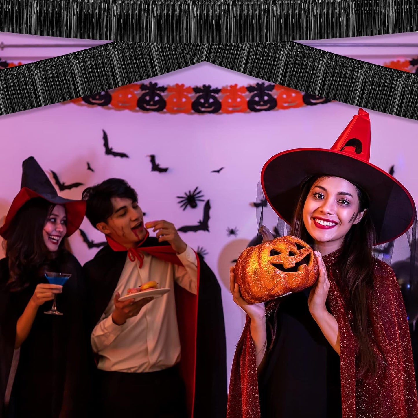 10 Pack 10 Feet Foil Fringe Garland Metallic Tinsel Streamers Banner Wall Hanging Curtain Backdrop for Parade Floats, Bachelorette, Wedding, Birthday, Halloween, Christmas Party Decorations(Black)