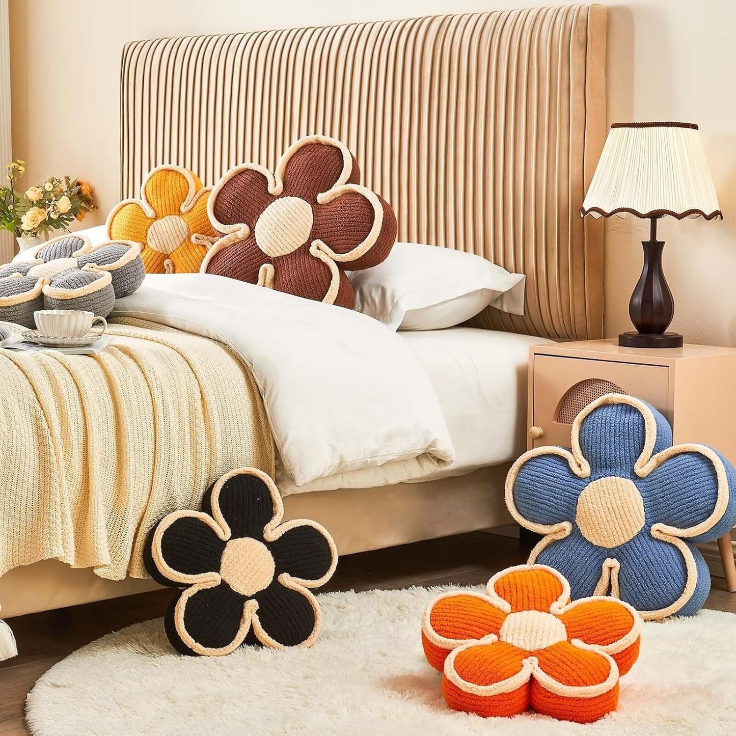 Soft Flower Shaped Floor Cushion, Decorative Throw Pillow, Plush Bedroom Seating Cushion, 13.7 Inch Brown Flower Decor Plush Pillow