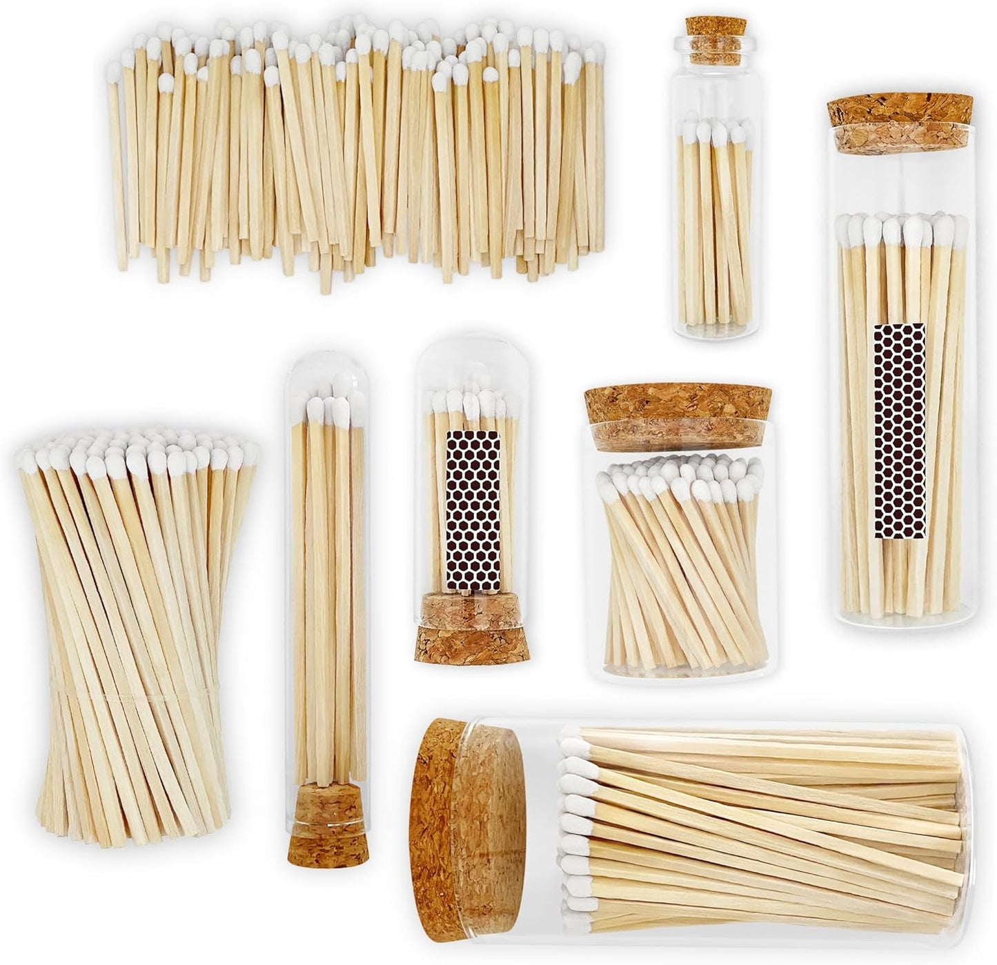 Thankful Greetings 2" Matches in 3 Glass Bottles Cork Top, Striker Stickers Included | 60 Matchsticks Color of Your Choice | Decorative Safety Matches w/Small Glass Holder | Gifts & Home Decor