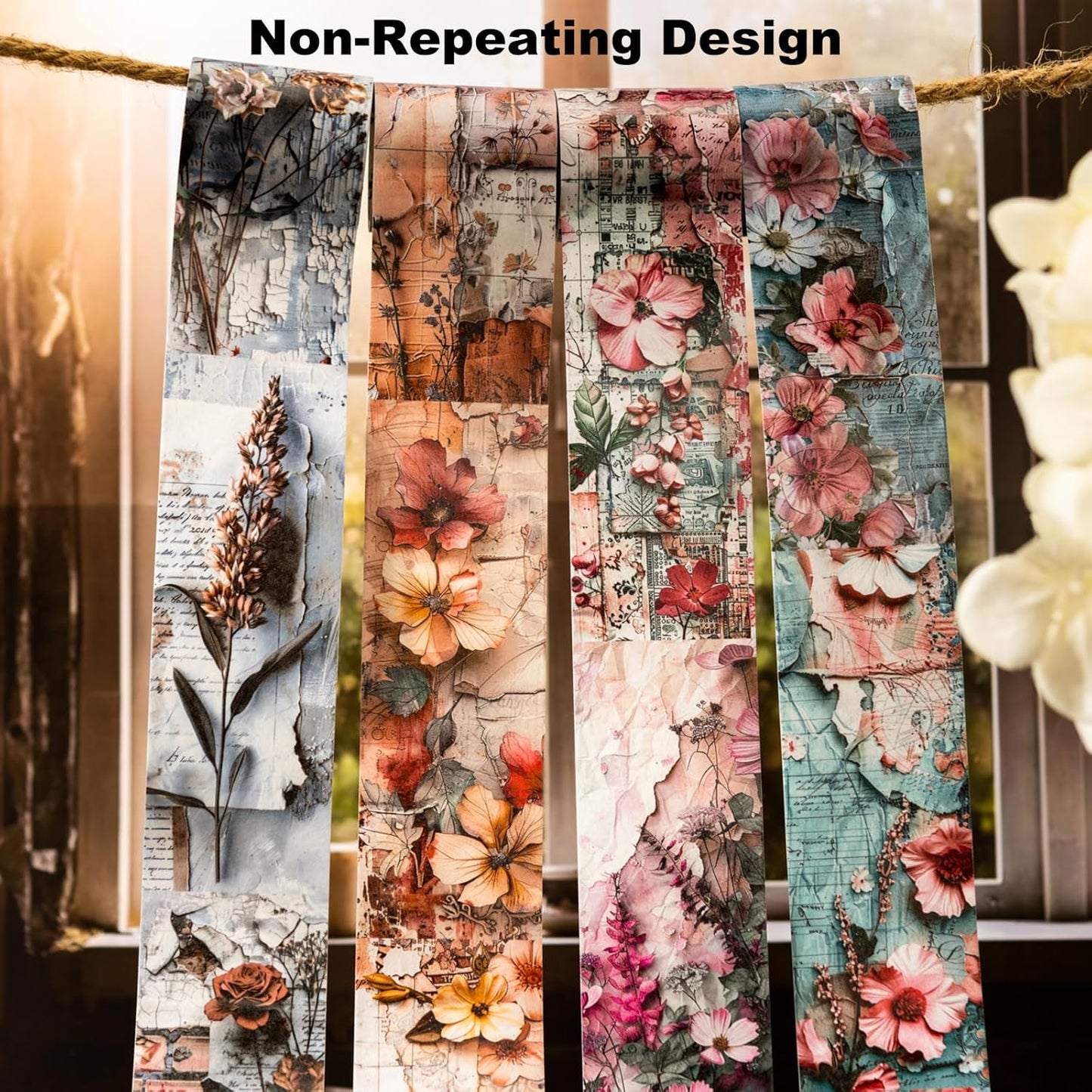 Vintage Floral Washi Tape Set – 6 Rolls, 2M Non-Repeating Flower Collage Designs, Decorative Craft Tape for Scrapbooking, Journals, Planners with Accessory Clip Included