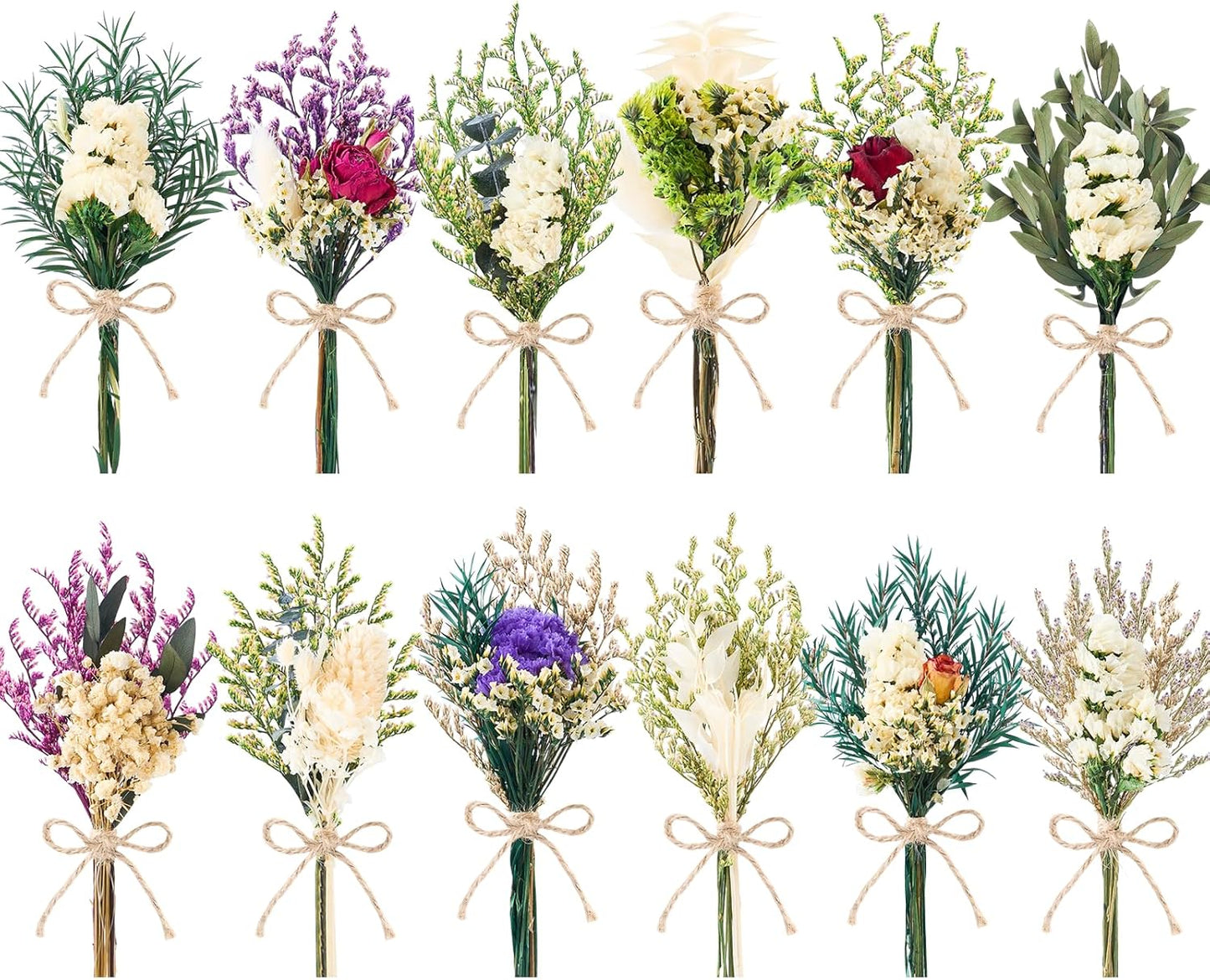 12/24 PCS Charming Dried Flowers Bouquet for Vase Various Dried Wildflowers with Stems Mini Handmade Wildflowers Natural Real Flowers Bulk Flowers Craft (White Series, 12 PCS)