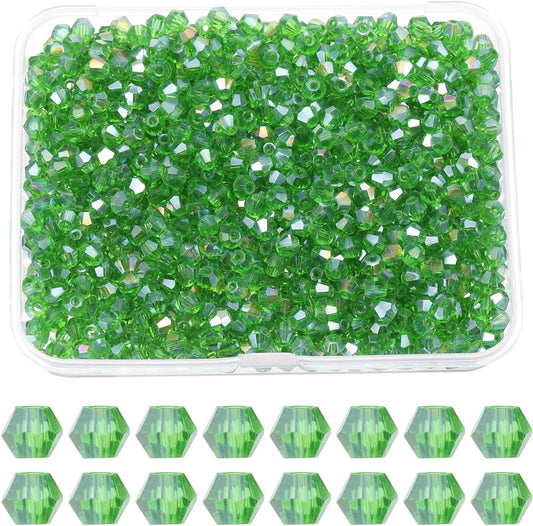 PATIKIL 1000pcs 3mm Bicone Glass Crystal Beads, Faceted Glass Spacer Beads with Box for Jewelry Making Bracelet Necklace Earrings DIY Suncatcher Craft, Grass Green AB