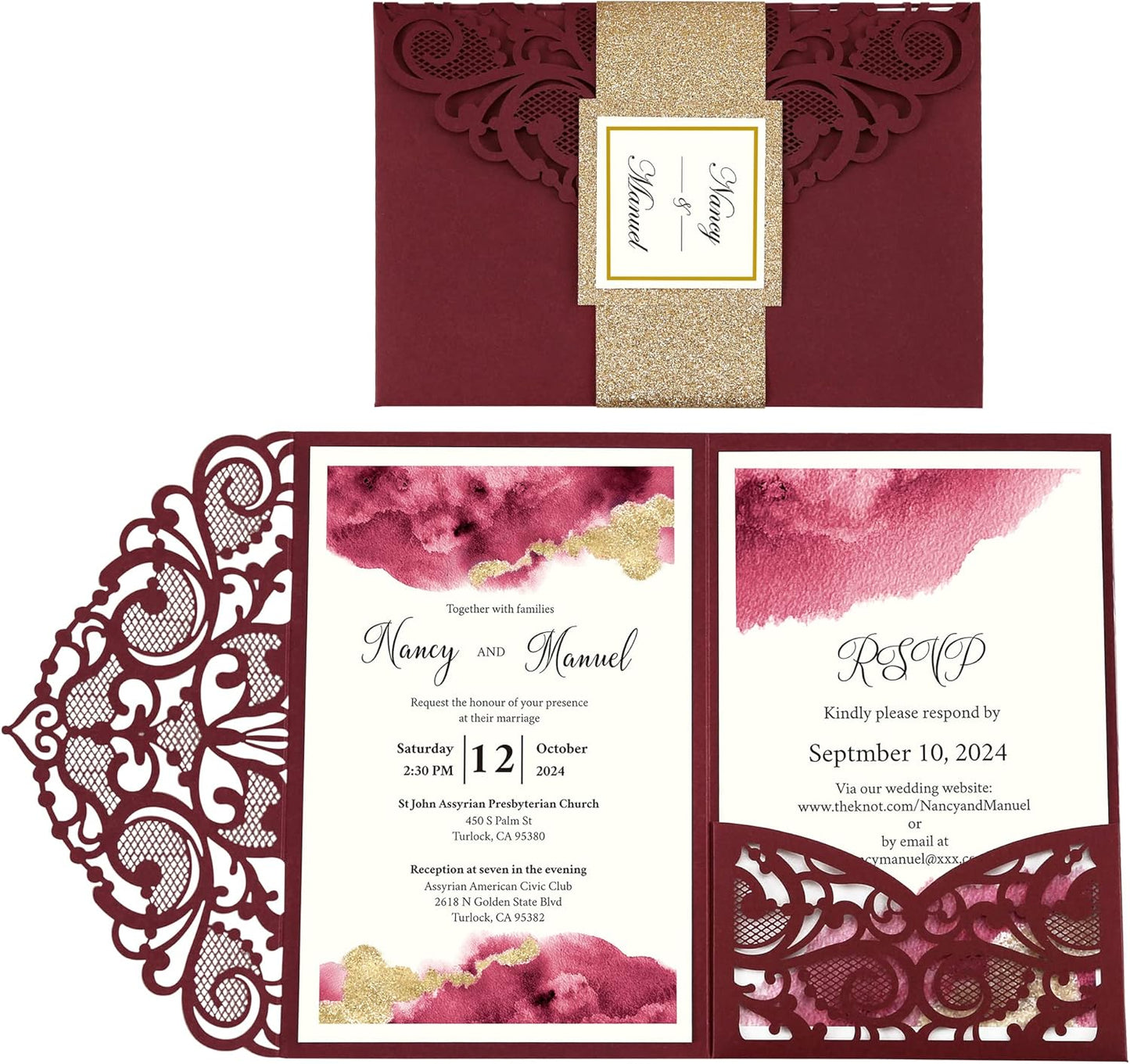 DORIS HOME 50PCS Laser Cut Wedding Invitations with Envelopes and RSVP Cards Personalized Inner With Gold Glitter Belly Band for Wedding Engagement Bridal Shower Party Invite 4.7x7 Inch Burgundy