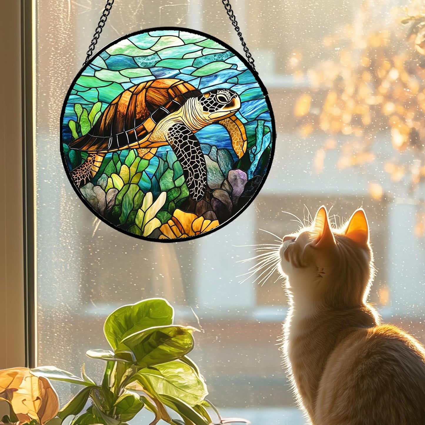 Stained Glass Window Hanging - Cute Sea Turtle Suncatcher for Door Garden Yard Blue Ocean Sun Catchers Decor Christmas Mother's Day Birthday Children's Gifts for Women Mom Nana Friend 7.8 in