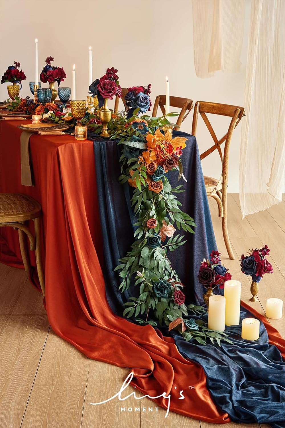 Ling's Moment Flower Garland - 6FT Eucalyptus & Rose - Sweetheart Table Decor for Wedding Reception, Artificial Floral Garland for Mantle, Christmas Decoration, Dark Teal & Burnt Orange