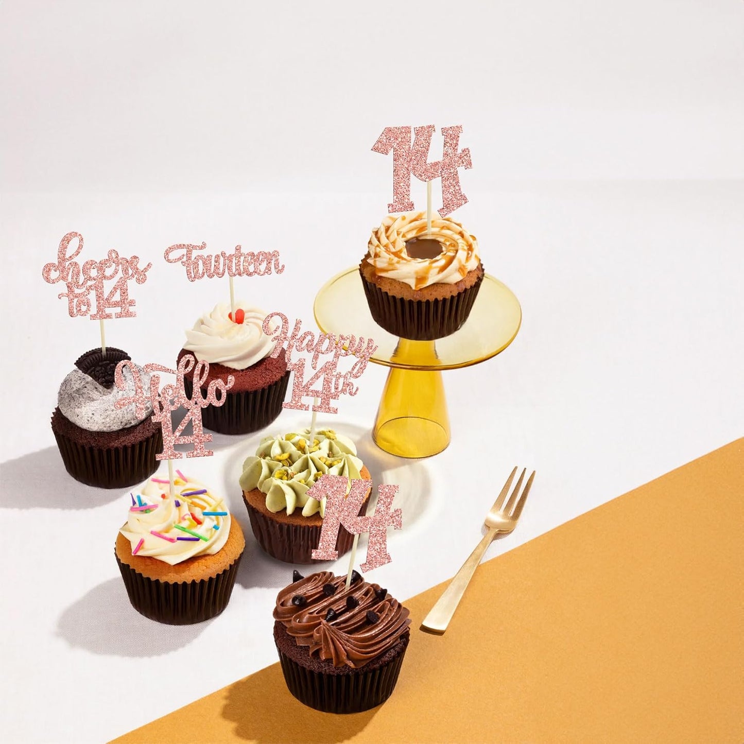 30Pcs 14th Birthday Cupcake Toppers Hello 14 Cupcake Picks Fourteen Cheers to 14 Years Old Cake Decorations for 14th Birthday Anniversary Party Supplies Rose Gold Glitter