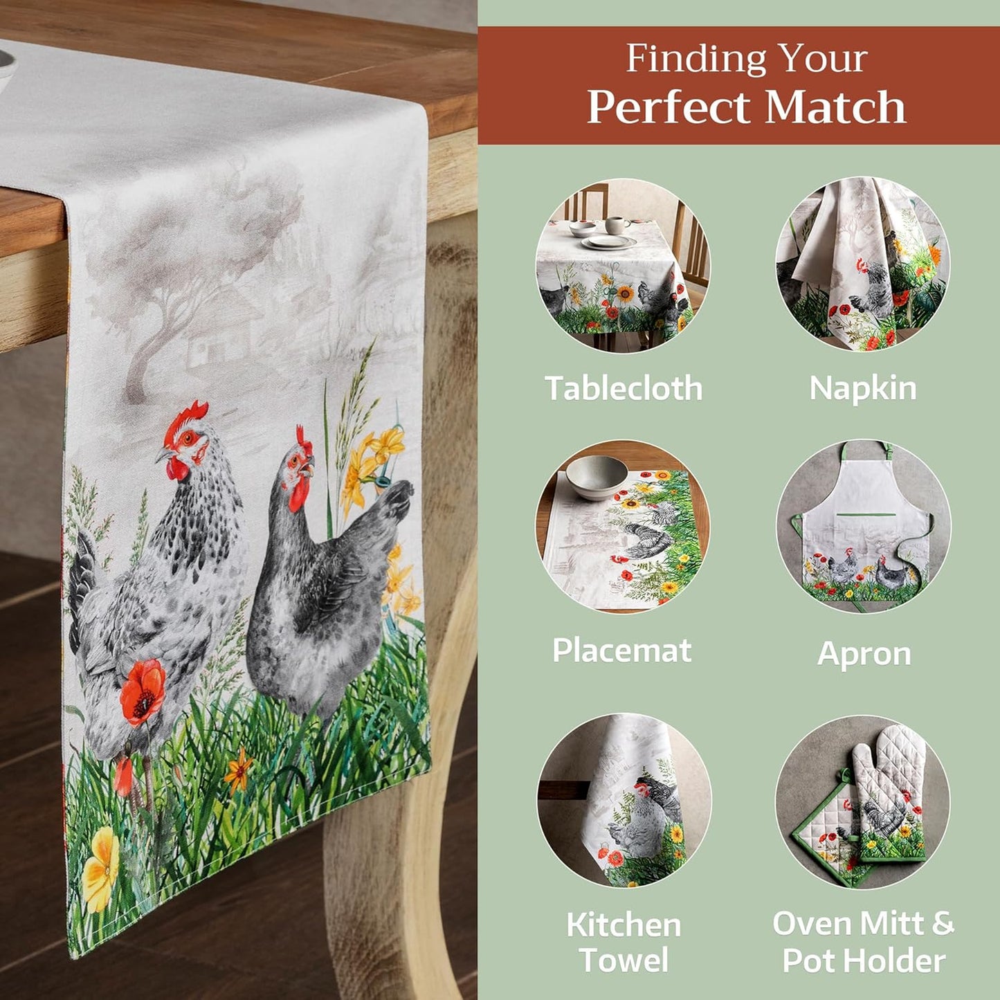 Maison d' Hermine Table runner 100% Cotton Double Layer Table Runners 72 inches long Decorative for Home Kitchen Dining Party Baby Shower Wedding Bridal Shower Spring Summer (Basse Cour, 14.50" x 72")