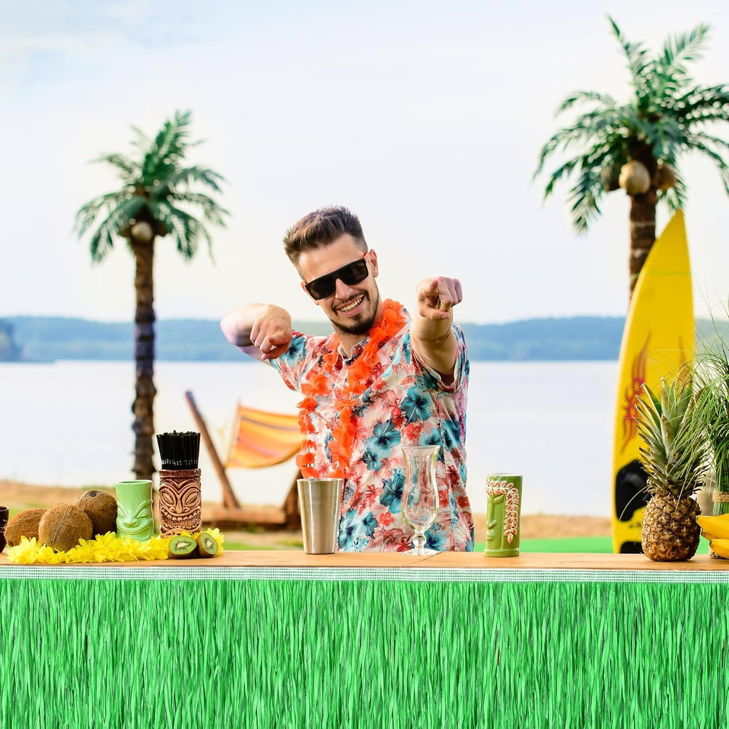Fovths 2 Packs Luau Grass Table Skirt Paper Fringe Straw Grass Skirt 108 x 30 Inch Hibiscus Hawaiian Table Skirts Rectangle Tropical Luau Party Decorations for Hawaiian Luau Decorations