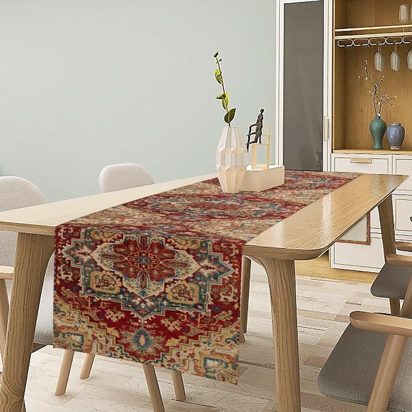 Boho Bohemia Style Table Runner, Vintage Red Brown Retro Flower Rustic Country Style Floral Print Pattern for Home Kitchen Table Decor Dining Coffee Room Garden Party Decor 13x108in