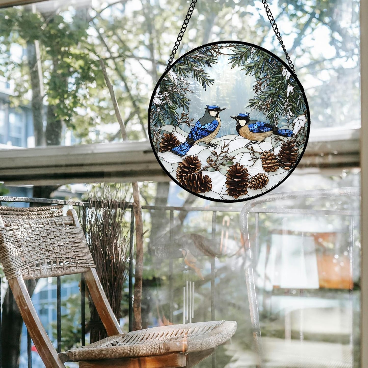 Stained Glass Window Hanging - Blue Bird Winter Forest Landscape Suncatcher for Door Garden Yard Sun Catchers Decor Christmas Mother's Day Birthday Gifts for Women Mom Nana Friend 11.8 in