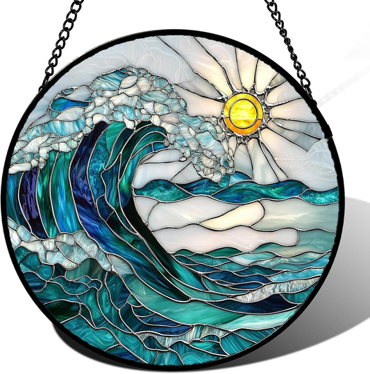 Stained Glass Window Hanging - Blue Green Waves Suncatcher for Door Terrace Garden Home Decor Sunrise Over The Sea Sun Catcher Birthday Gifts for Lovers Women Men Dad Mom Nana7.8 in
