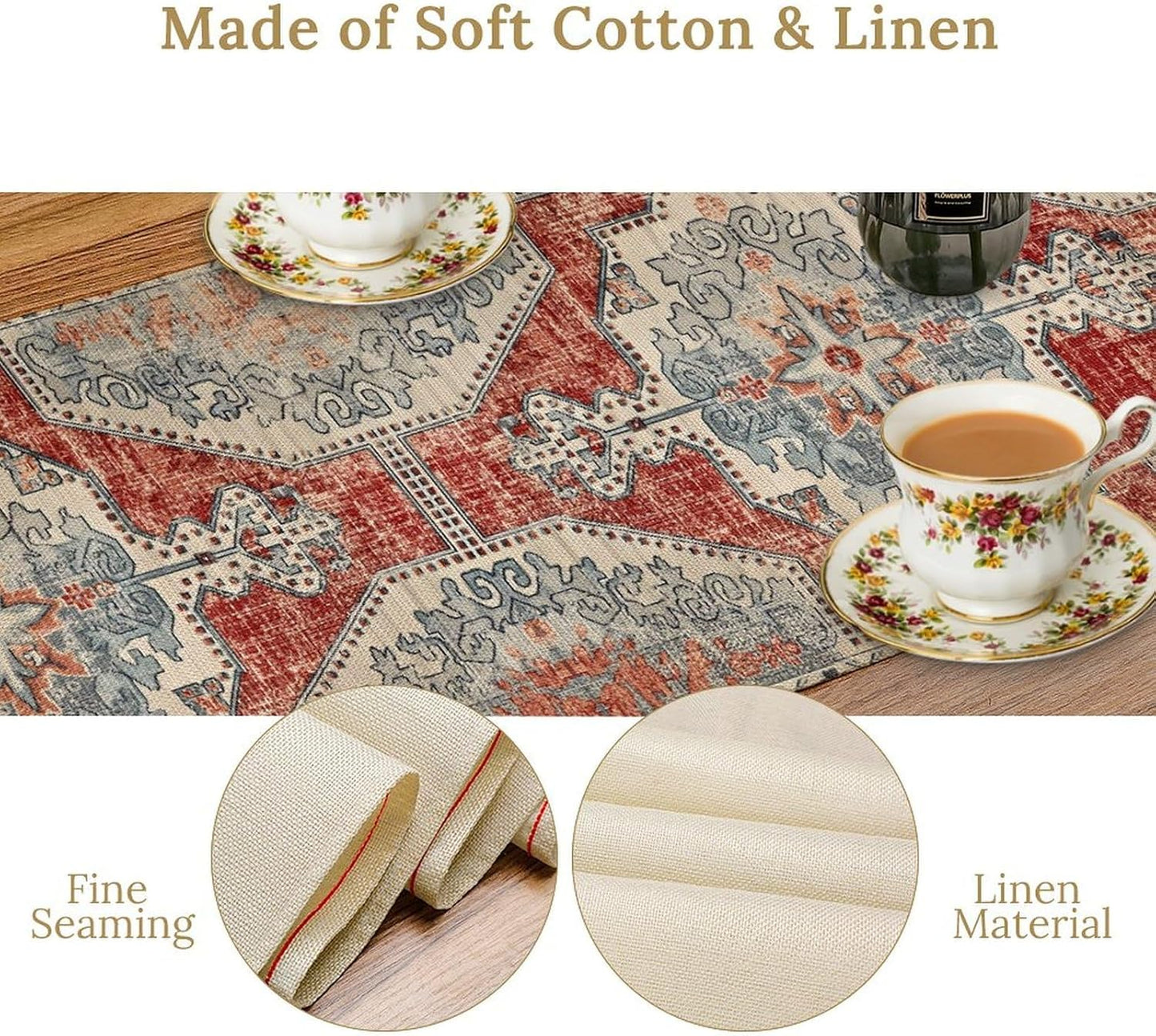 Boho Floral Vintage Table Runner, Retro Blue Red Flower Rustic Country Farmhouse Abstract Pattern for Home Kitchen Table Decor Dining Coffee Room Party Decor 13x90in