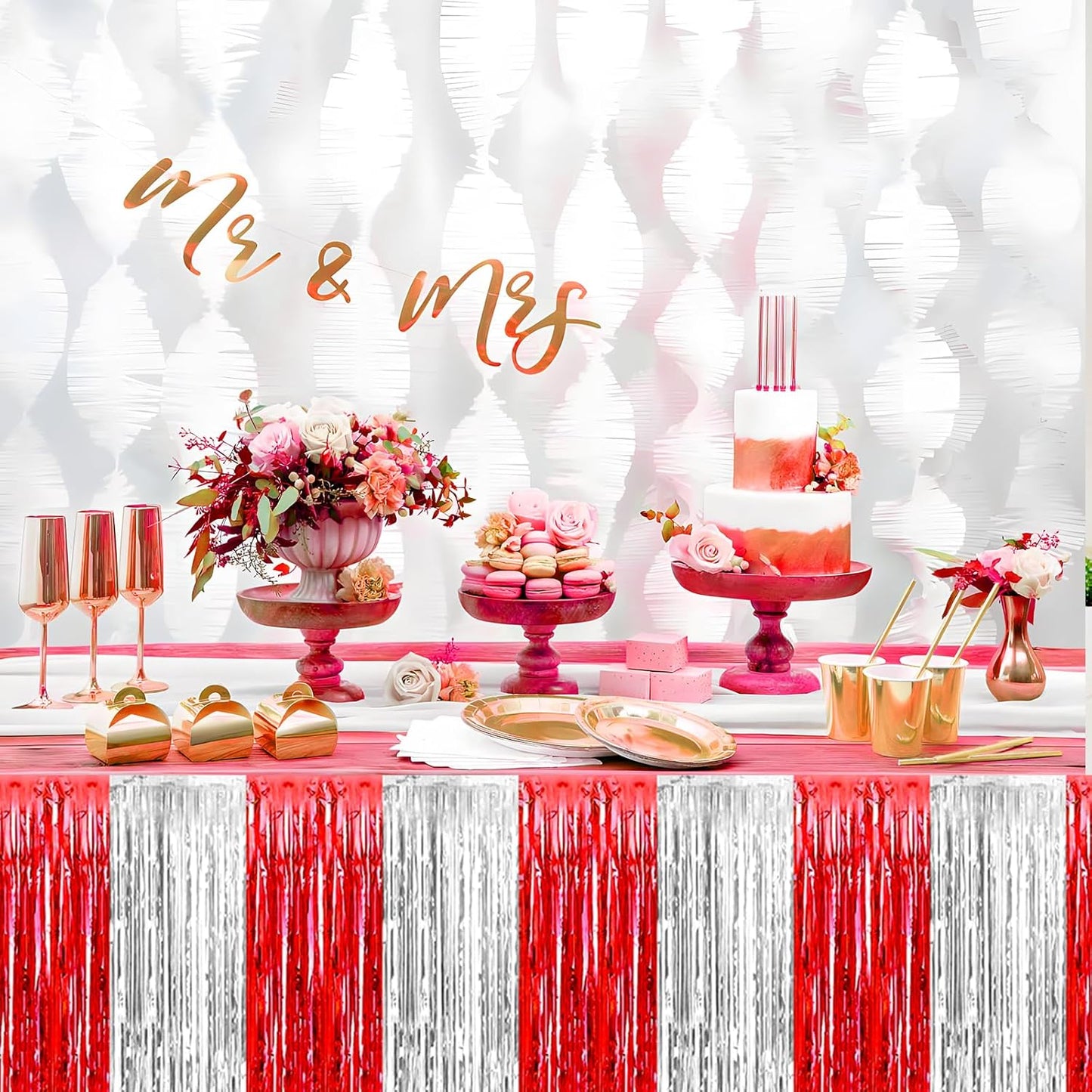 3 Pack 29x108 Inch Red Silver Foil Fringe Table Skirts Metallic Banner for Tinsel Streamer Garland Backdrop for Parade Floats Wedding Thanksgiving Birthday Christmas Halloween Party Decoration