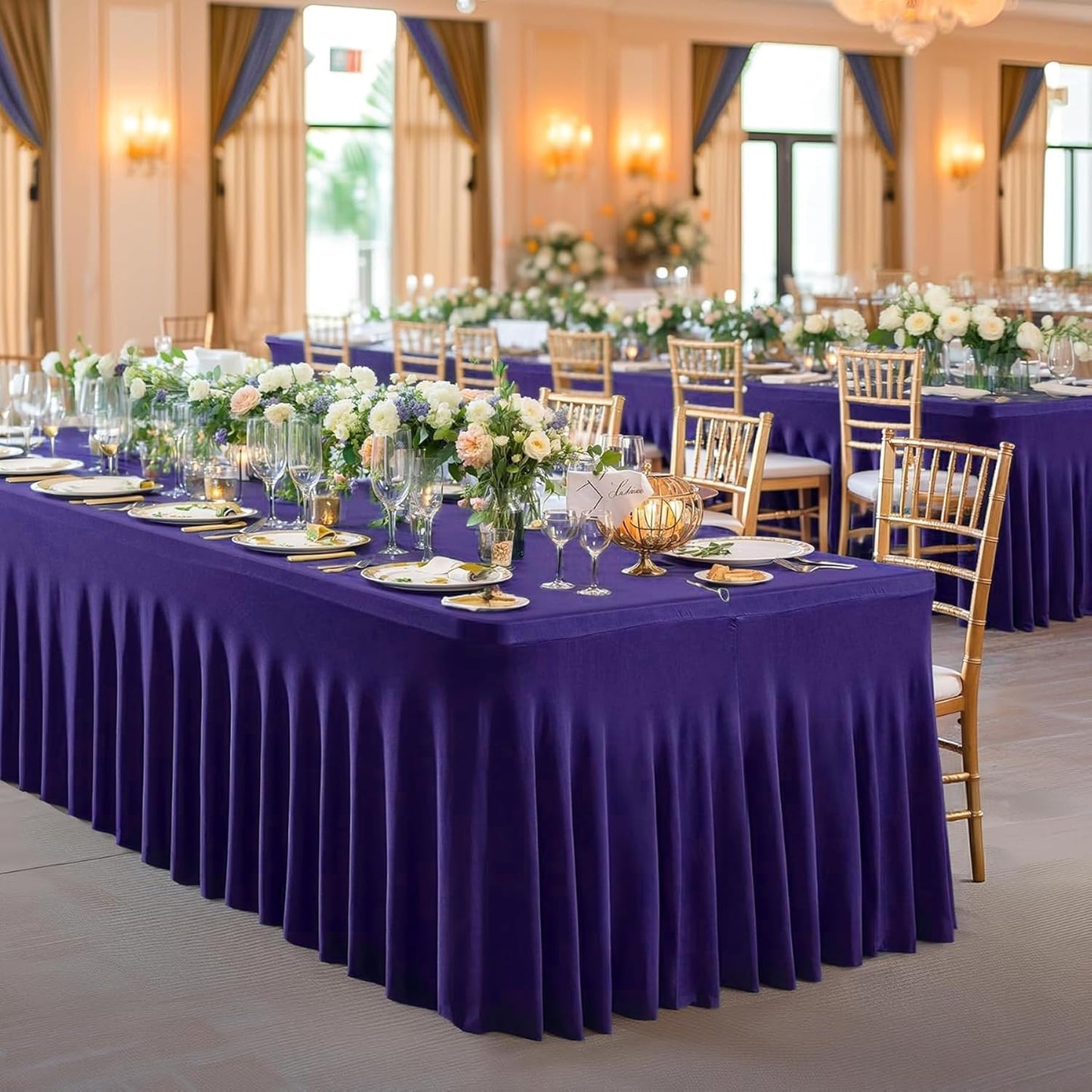 Wish Care 2 Pack Dark Purple Spandex Table Clothes for 6 Foot Rectangle Tables, 6FT Wrinkle Free Fitted Tablecloths Ruffles Design Table Cover for Party, Banquet, Wedding and Events