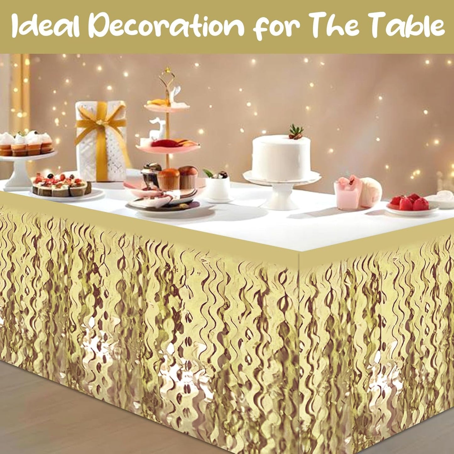 6 Pack 29 x108 Inch Light Gold Wave Foil Fringe Table Skirts Metallic Banner for Tinsel Streamer Garland Backdrop for Parade Floats, Mother's Day, Easter, Wedding, Birthday Party Decoration