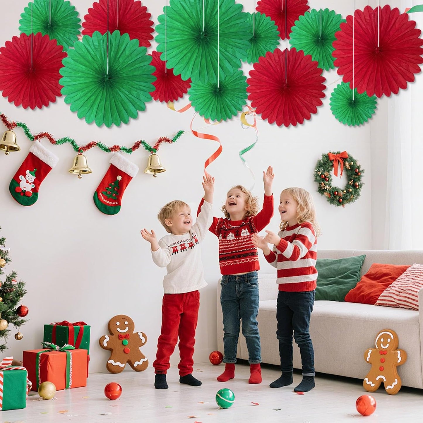 20 Pcs Red Green Hanging Paper Fan, Round Paper Fans Decorations Set for Weddings, Birthdays, Engagement, Bridal Shower, Christmas Party Supplies Decor