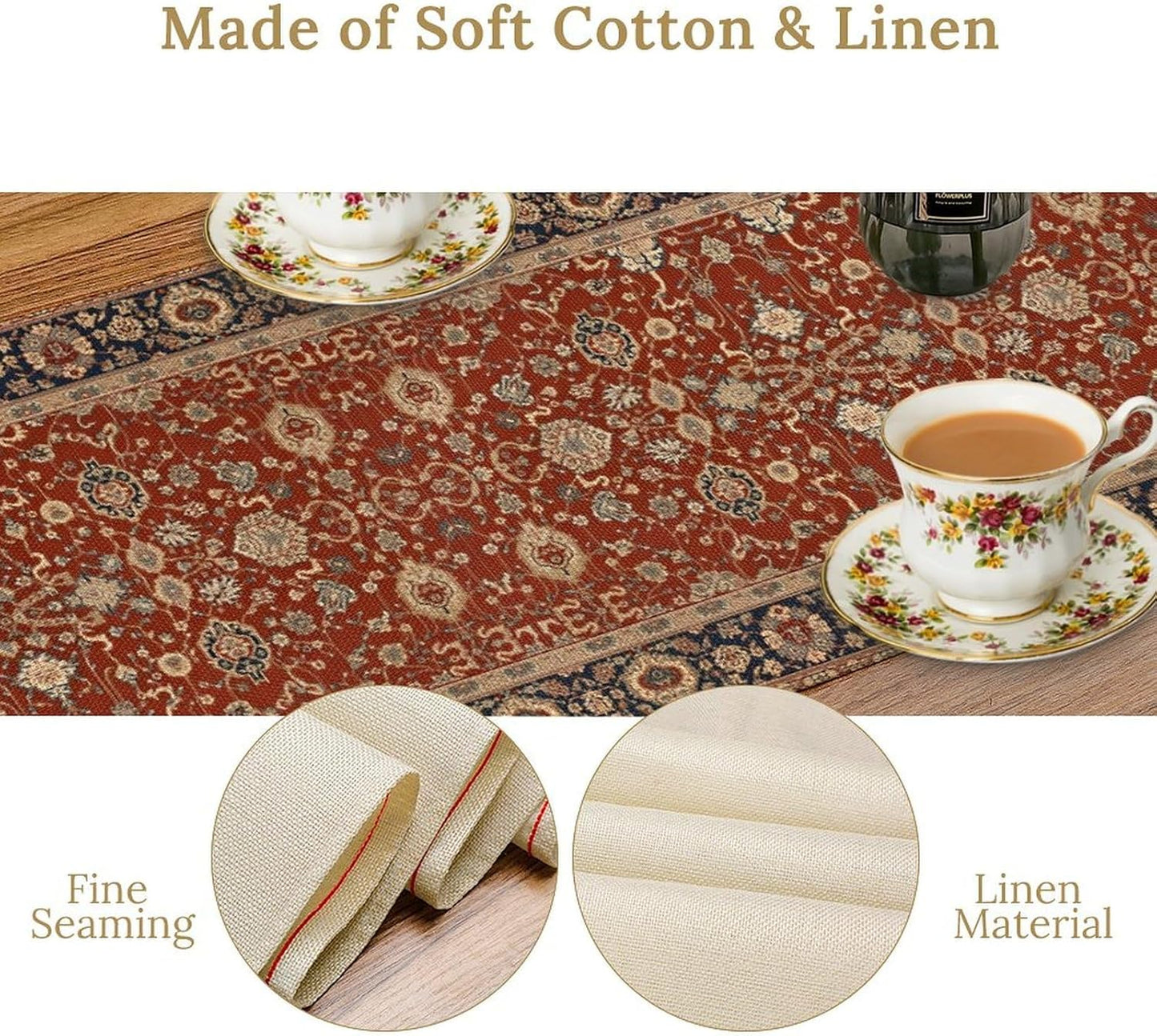 Boho Floral Vintage Red Blue Table Runner, Retro Flower Rustic Country Farmhouse Abstract Pattern for Home Kitchen Table Decor Dining Coffee Room Party Decor 13x60in