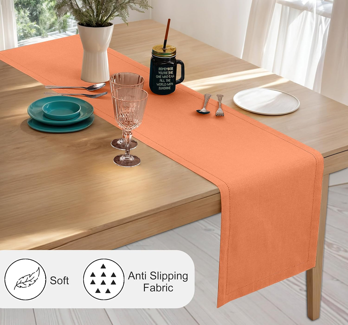 Ruvanti Linen Table Runner 72 Inches, Classic Hemstitch, Washable, Reusable, Non-Slipping, Stain Resistant- Perfect for Parties, Weddings, Dinners, Thanksgiving, Christmas, Indoor use – Orange