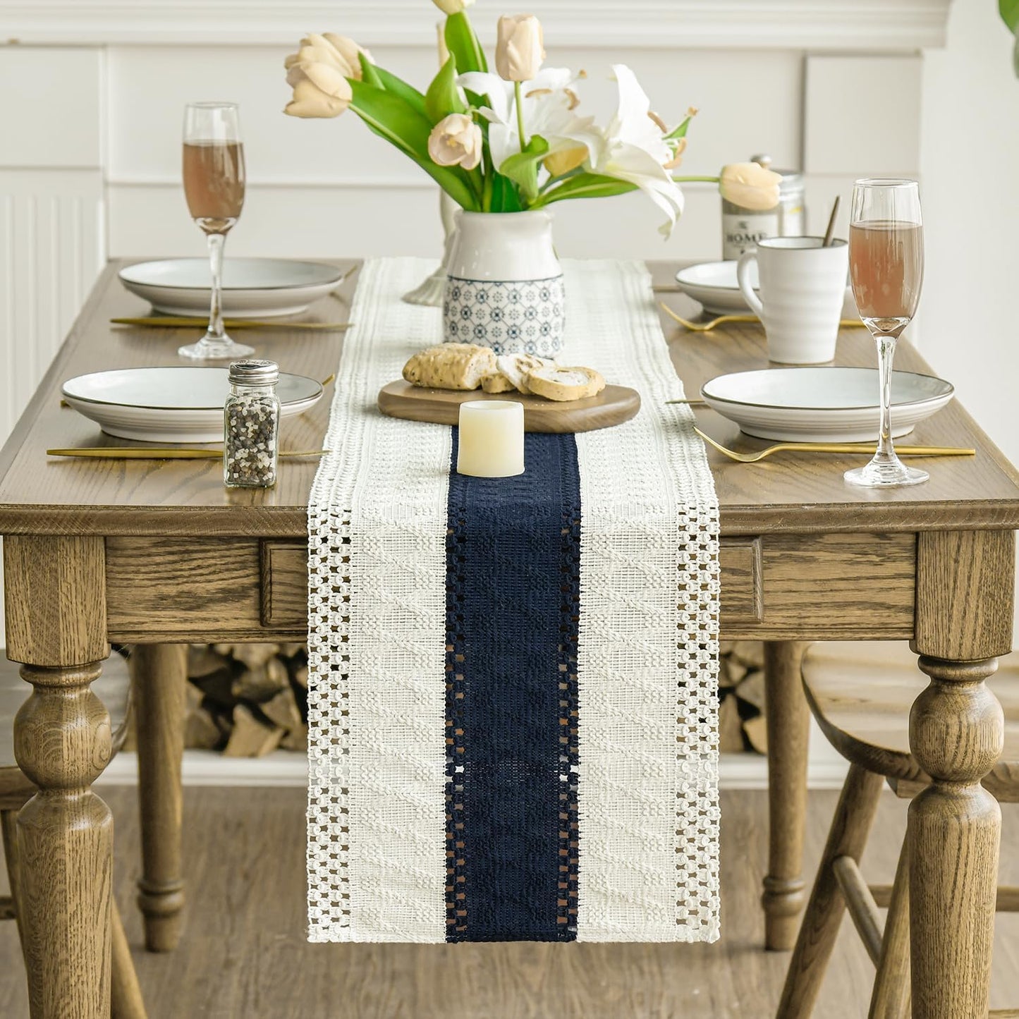 Artoid Mode Dark Blue Farmhouse Rustic Table Runner, Seasonal Holiday Hollow Kitchen Dining Table Decoration for Home Party Decor 12x120 Inch