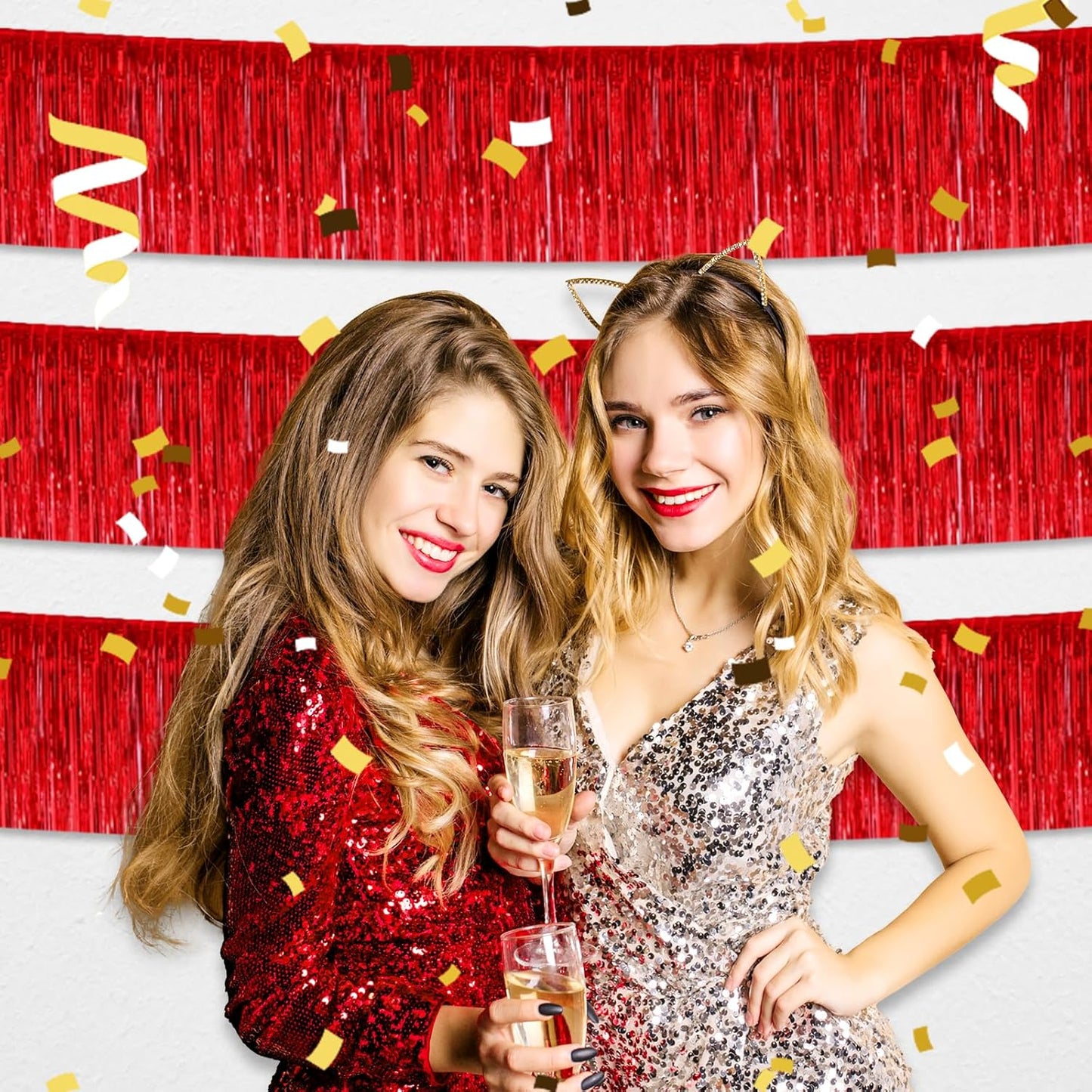 6 Pack 10 Feet Red Foil Fringe Garland Metallic Tinsel Streamers Banner Wall Hanging Curtain Backdrop for Parade Floats, Birthday, Graduate, Mother's Day, Wedding Party Decoration