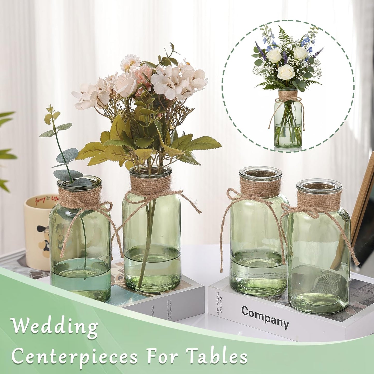 Green Glass Flower Vases for Centerpieces Set of 6, Mason Jars Boho Cylinder Bud Vases in Bulk, for Weddings Parties Vintage Home Decor