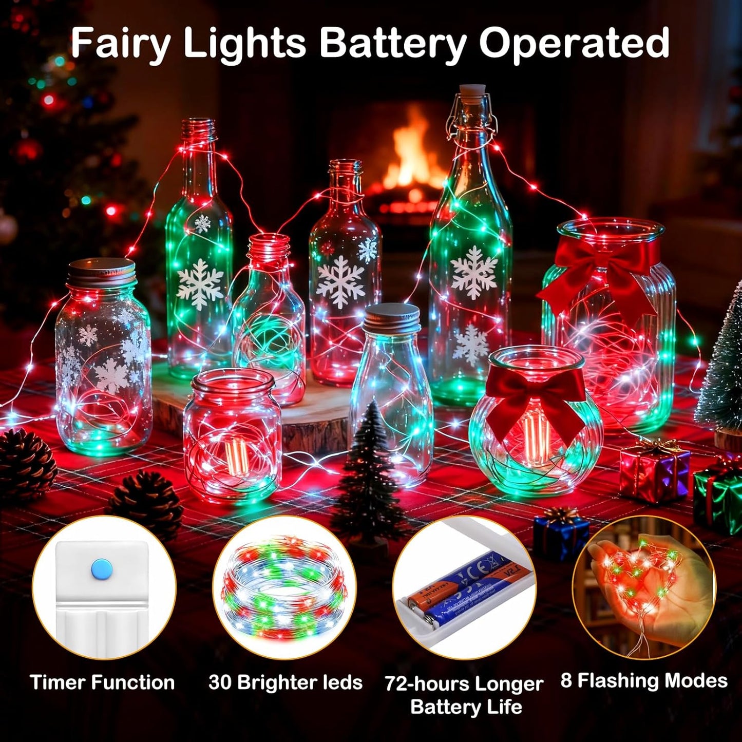 ZNYCYE 4 Pack Fairy Lights Battery Operated, 8.2 Ft 50 LED Fairy Lights with Timer, 8 Modes Christmas Lights, Fair Lights Waterproof for Indoor Wedding Christmas Decorations(Red Green White)