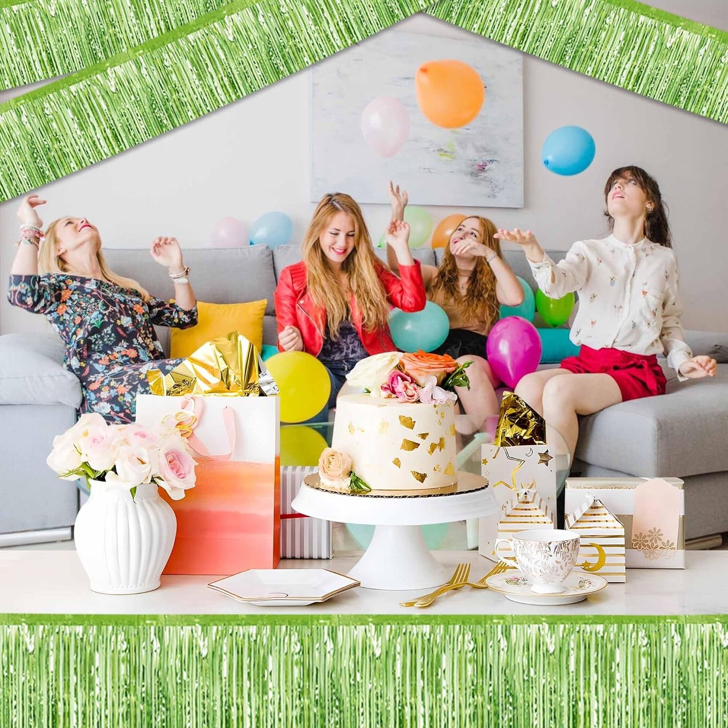 6 Pack 10 Ft Light Green Foil Fringe Garland Metallic Streamers Tinsel Banner Wall Hanging Garland Backdrop for Parade Floats, Halloween, Christmas, Thanksgiving, New Year Party Decorations