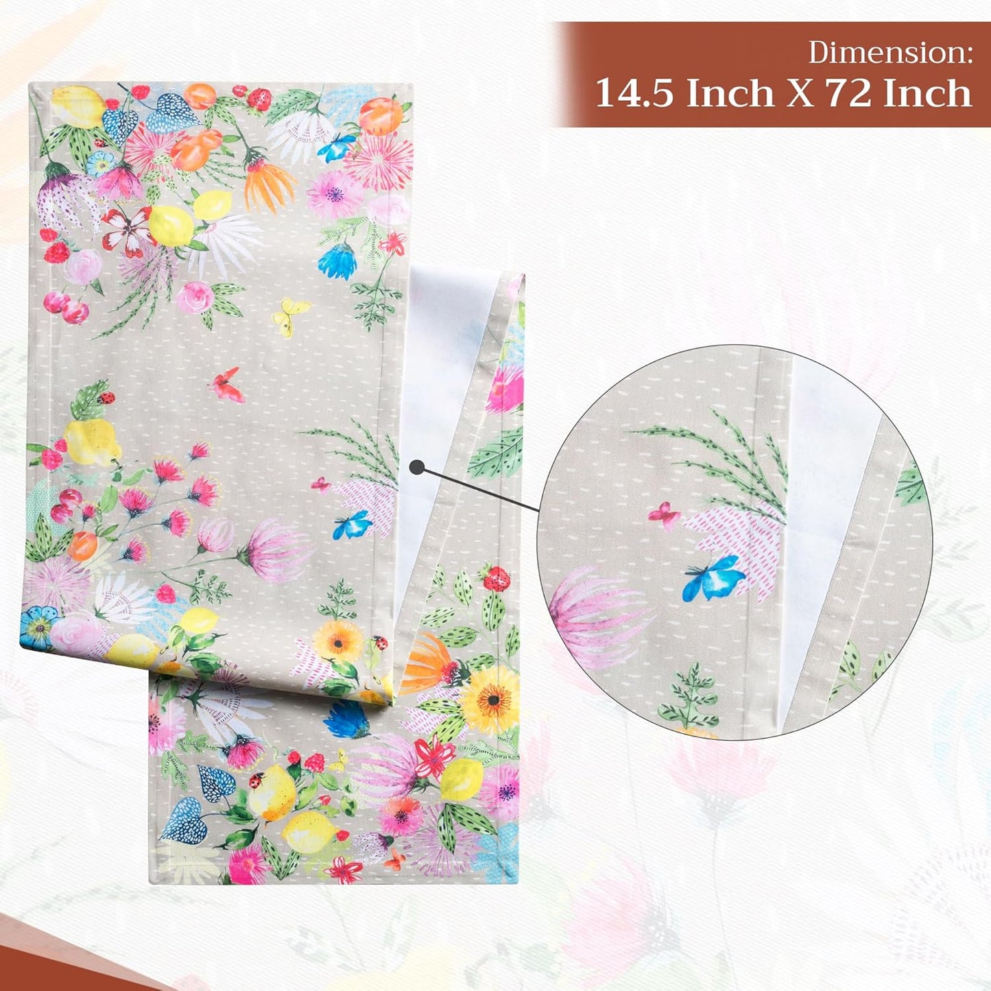 Maison d' Hermine Table Runner 100% Cotton Single Layer Table Runners 72 inches Long Decorative for Home Kitchen Dining Party Wedding Bridal Shower Spring Summer (Jardin D'Ete - Fog, 14.50" x 72")