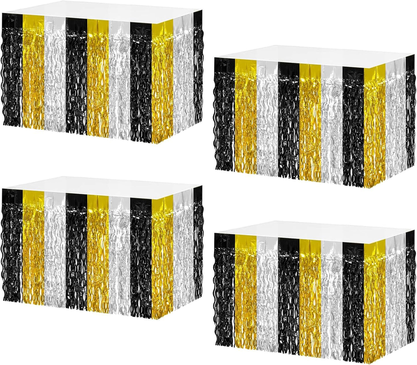 4P Wavy Metallic Tinsel Foil Fringe Table Skirts for Rectangle Tables Backdrop Garland Curtains for Parade Floats Wedding Birthday Parties Decoration Graduation 2025 Christmas (Black Gold Silver)