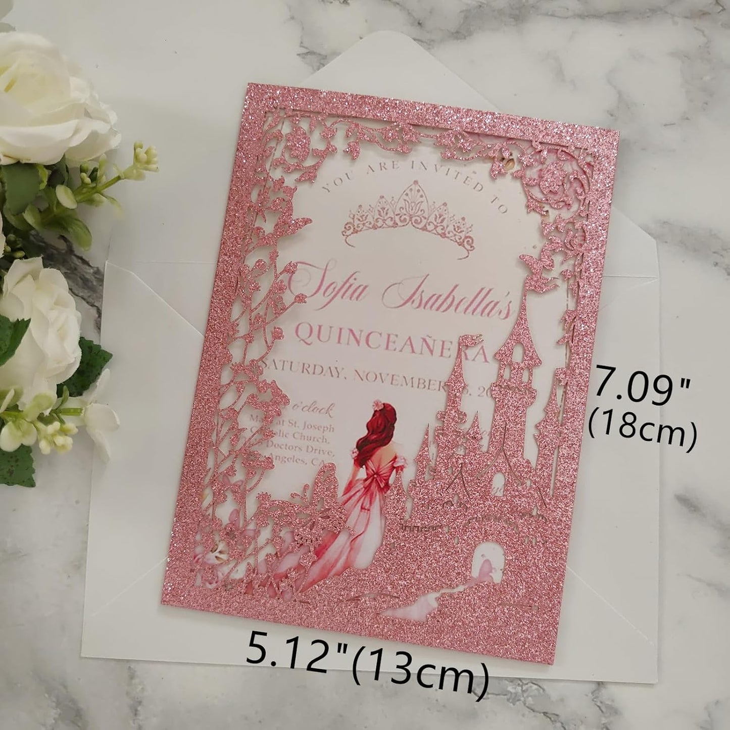 20PCS Castle Pocket Invitations, Quinceanera Invitations with Envelopes, Princess Invitation, Laser Cut quince invites (glitter pink)