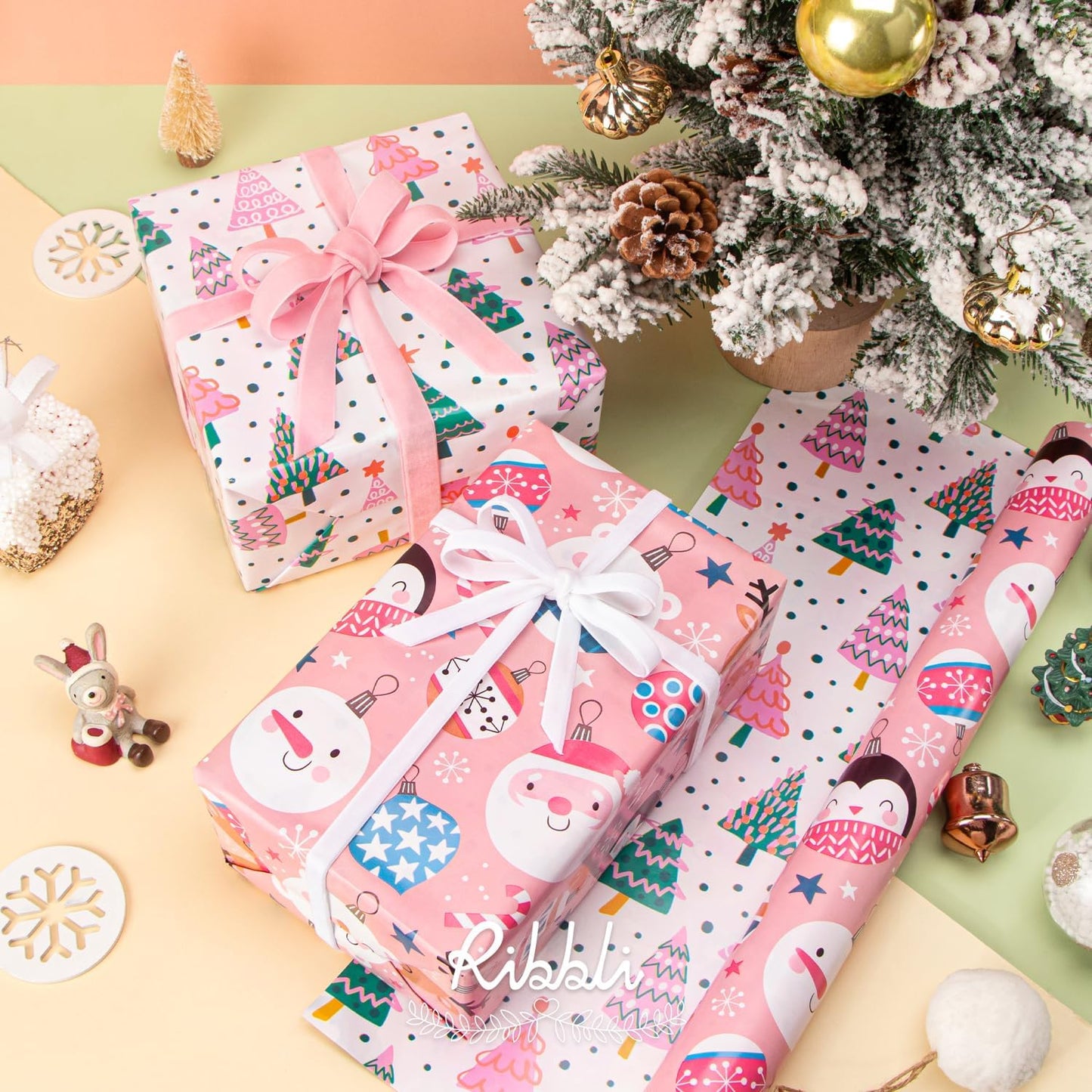 Ribbli Pink Christmas Wrapping Paper Reversible Cute Christmas elements Gift Wrapping Paper Rolls for Kids Holiday Presents Decoration-17 Inch x 33 Feet