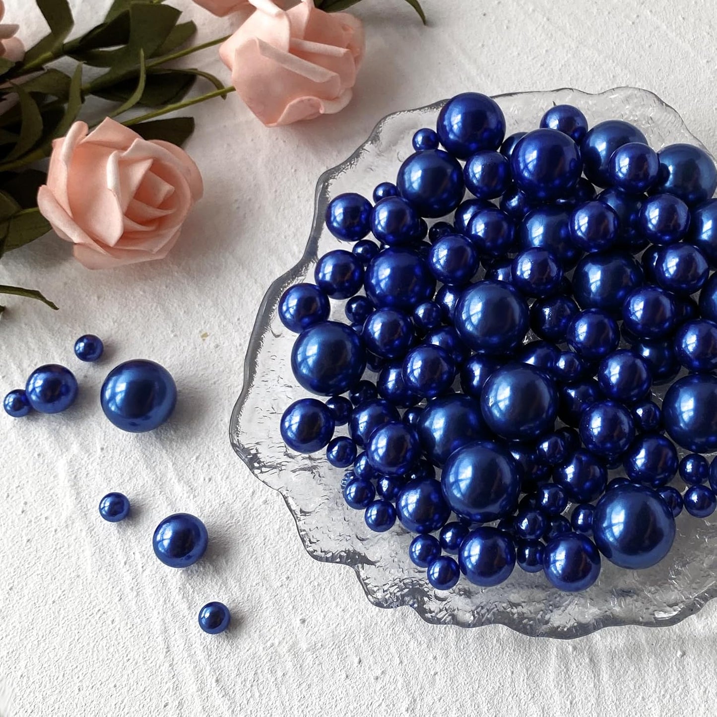 150Pcs Navy Blue Polished No Hole Faux Pearl Beads for Vase Filling Decorations, Plastic Pearls Vase Fillers, Table Scatters, Wedding Centerpiece, Home Decor, 8/14/20 mm