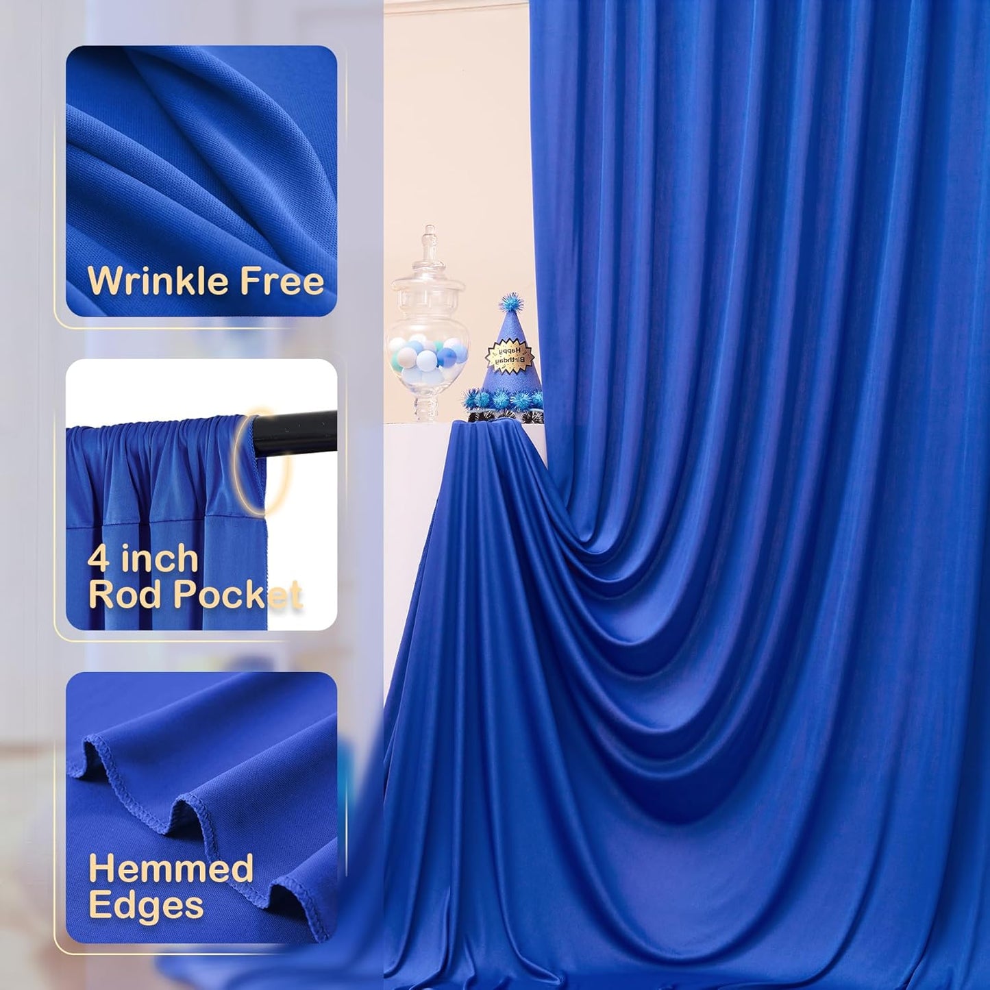 10x10 ft Wrinkle Free Royal Blue Backdrop Curtains for Party Background, Silky Polyester Blue Photo Backdrop Drapes 2 Panels Back Drop Cloth for Wedding Birthday Photography Baby Shower Decor