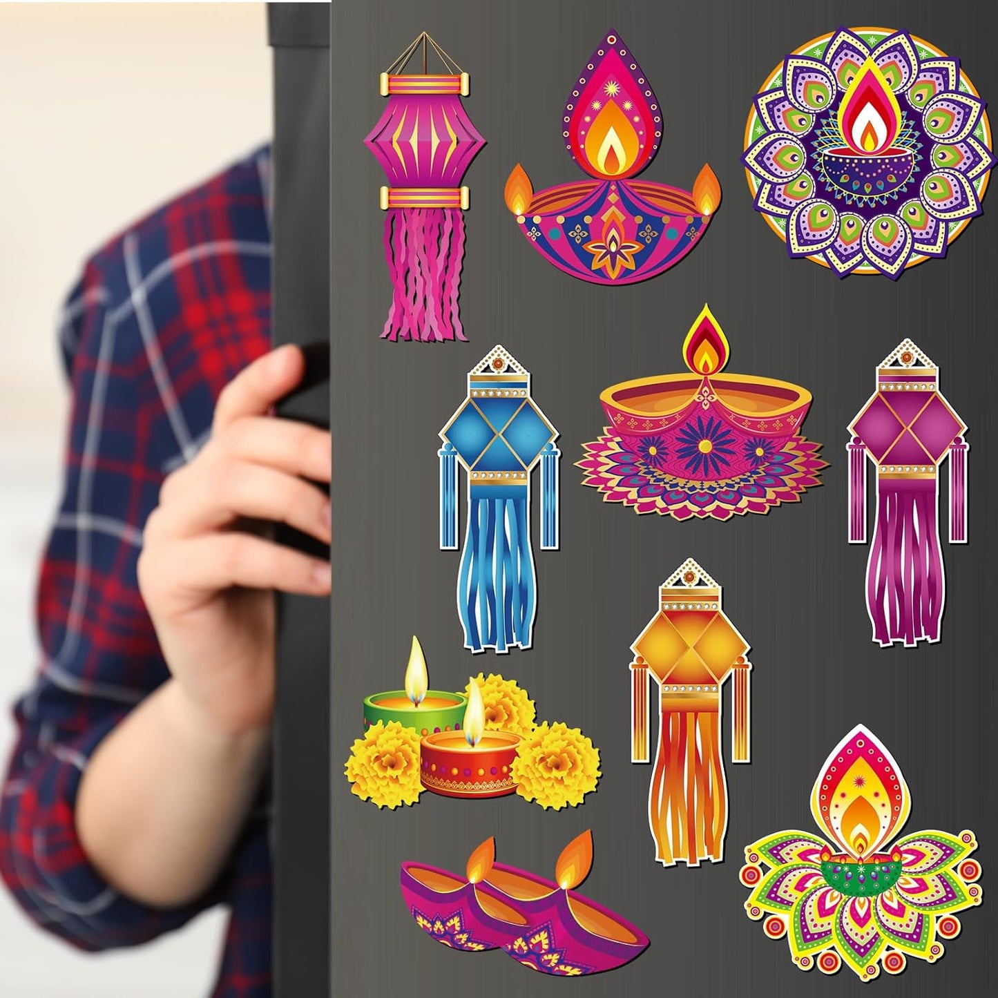 Xuhal 25 Pcs Happy Diwali Magnets Decoration Colorful Elephants Lanterns Oil Lamps Peacock Decorative Fridge Magnetic Stickers for Mailbox Car Metal Garage Door Decoration